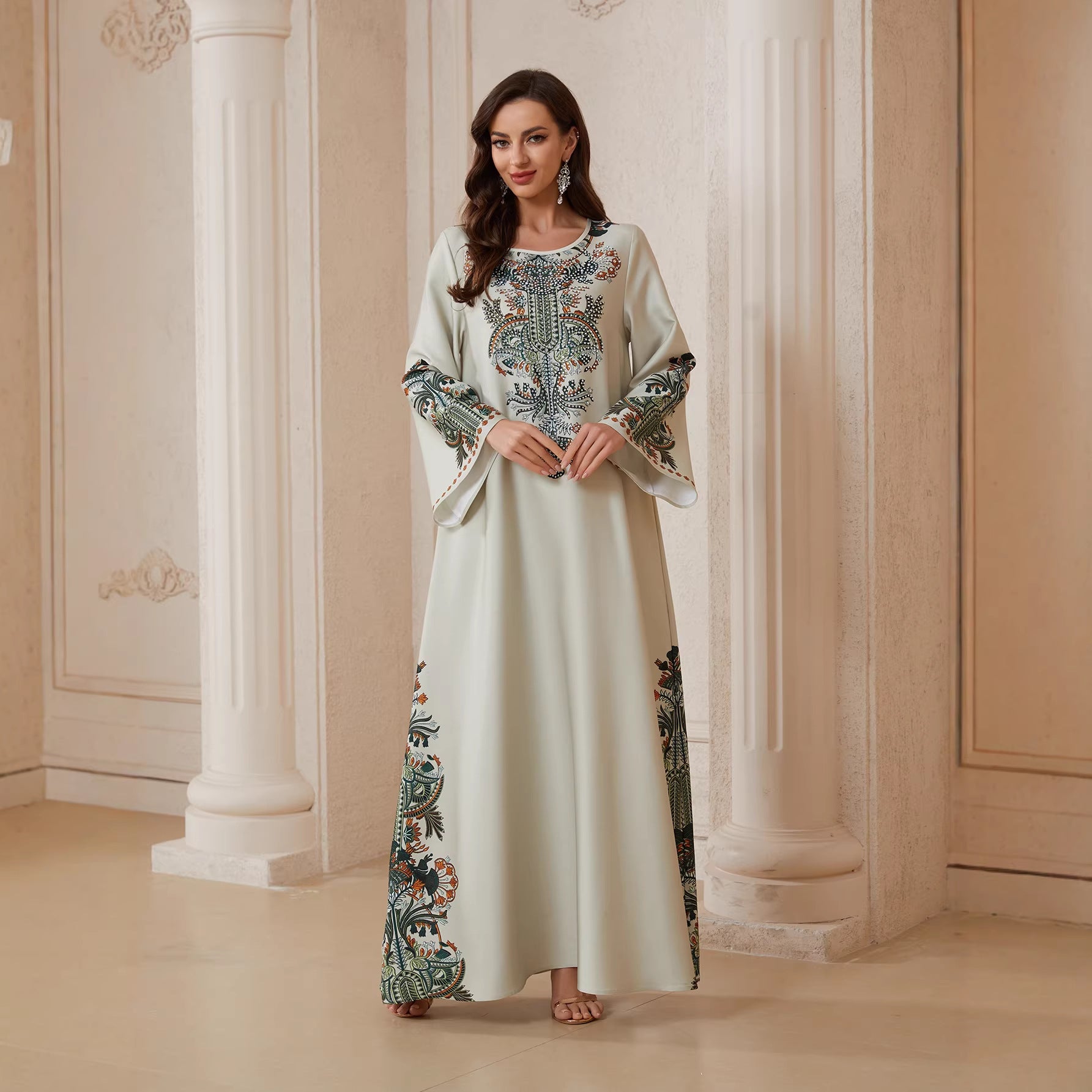 Neutral Light Grey Cream Matte Crepe Long Kaftan Robe For Ladies Round Neck Oversized Flare Sleeve With Central Paisley Floral Print Full Length Formal Modest Outfit