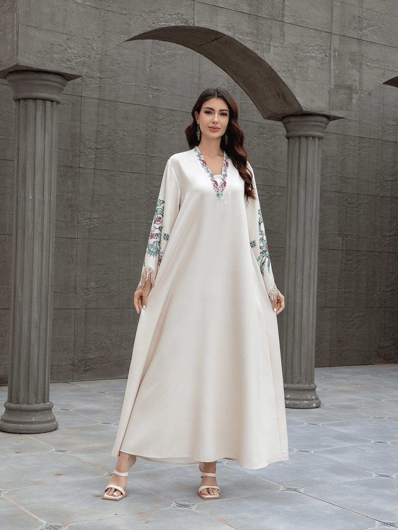 Graceful Apricot V-Neck Kaftan – Muslim Embroidered Long Dress