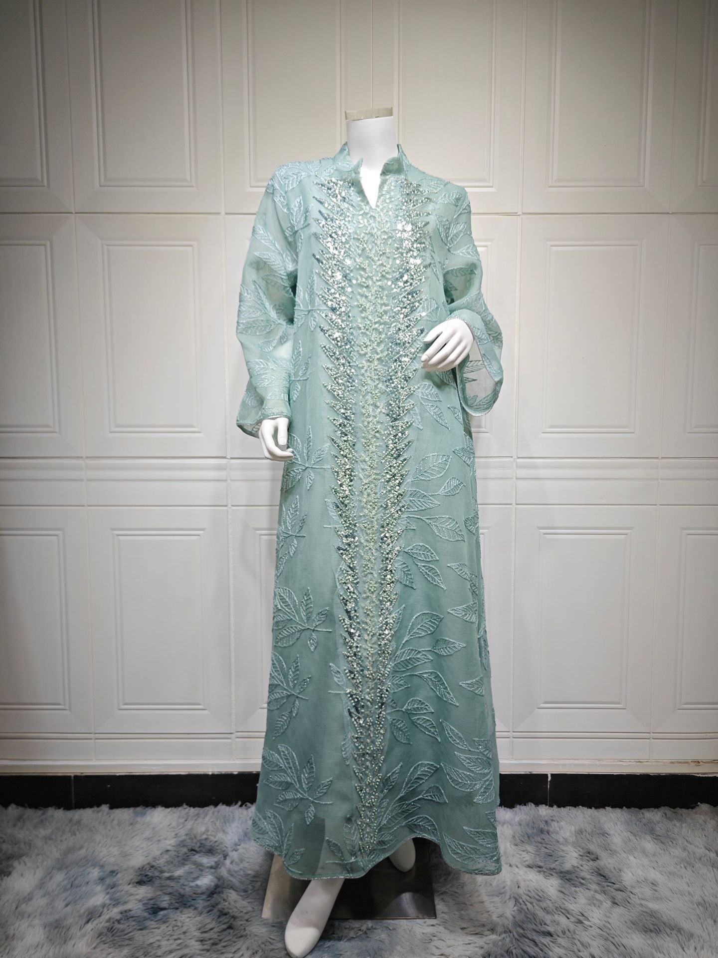 3 Colors Leaf Jacquard Hand Beaded Abaya Women Stand Collar V Notch Flare Sleeve Maxi Jalabiya Luxury Embellished Kaftan Lightweight Modest Gown For Eid Mubarak Ramadan Wedding Evening Party