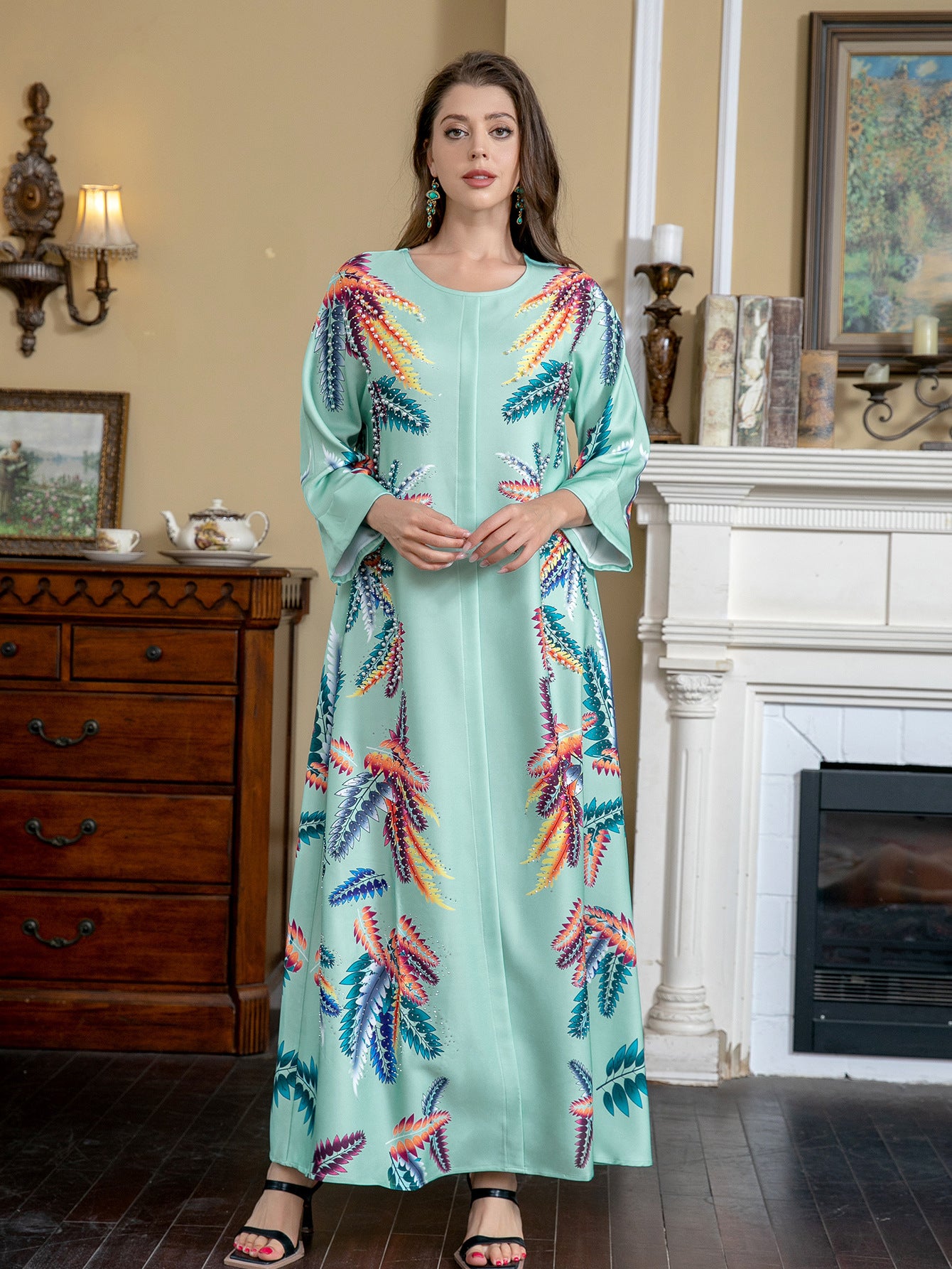 Light Green Ethnic Print Beaded Abaya Gown - Modest Dress