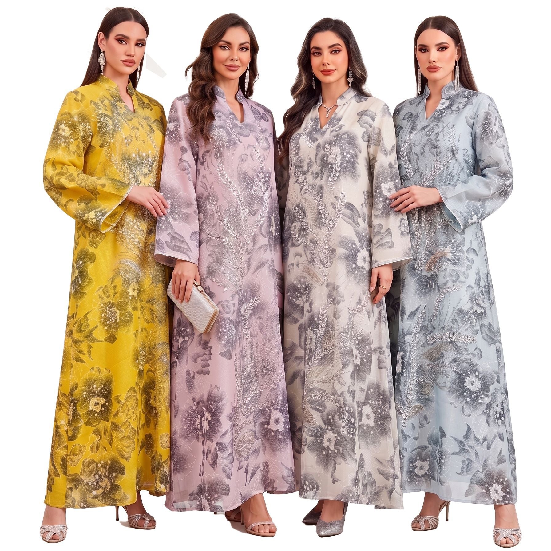 Beaded Sequin Applique Ethnic Pattern Gown Jalabiya Modest Loose Long Maxi Dress for Muslim Women Eid Ramadan M-XXL