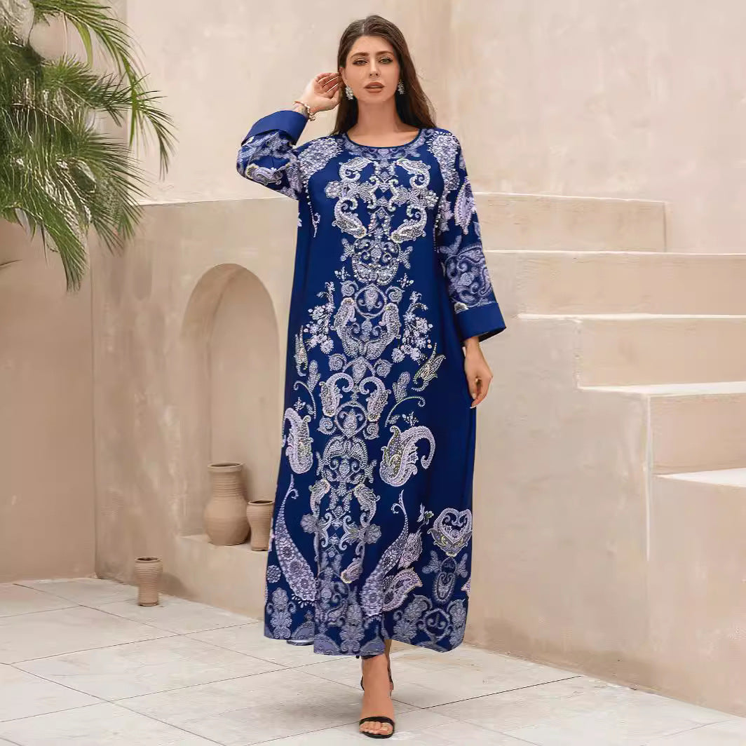 Navy Rhinestone Party Abaya - Printed Evening Robe Plus Size