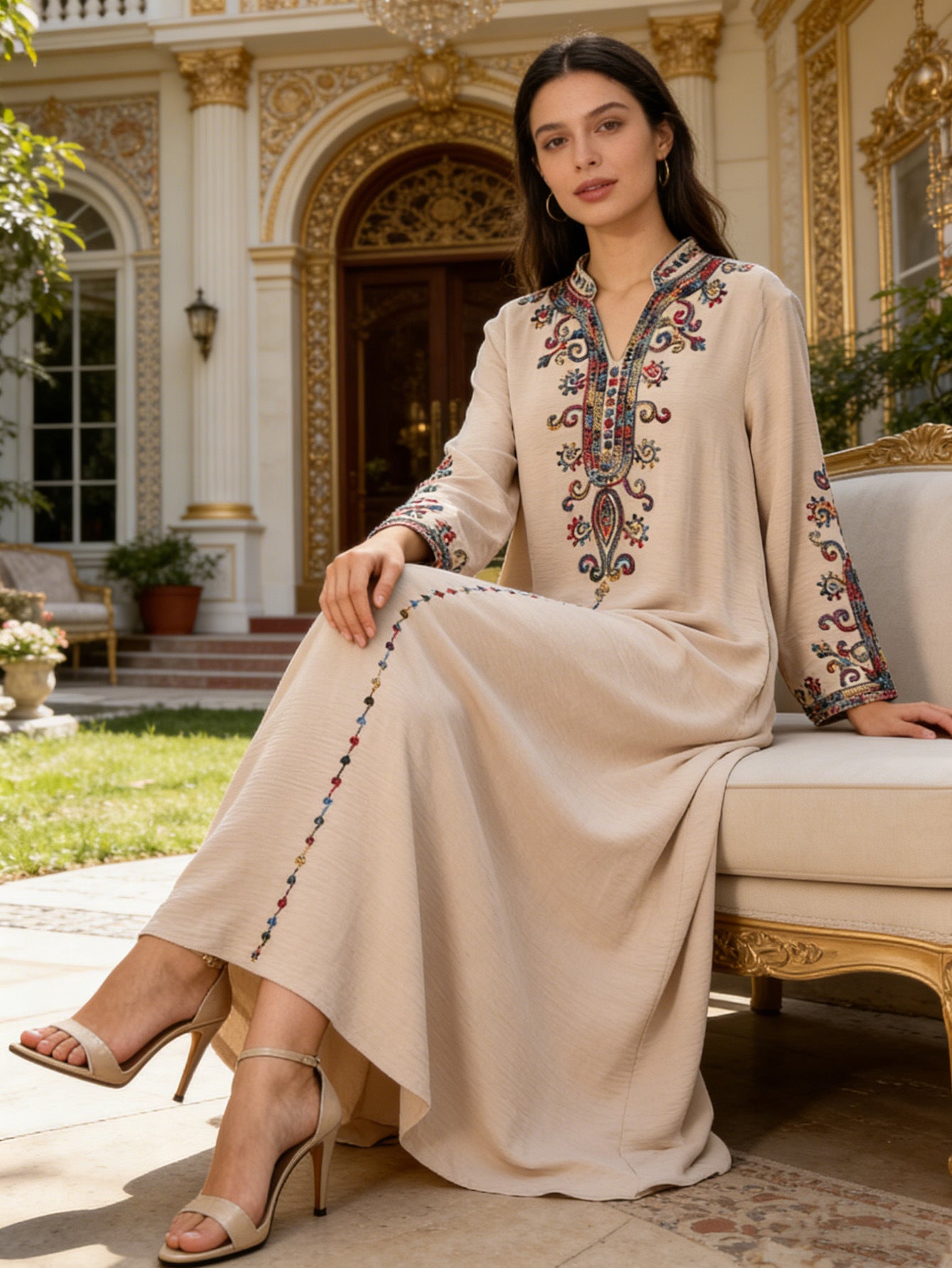 Stand Collar Heavy Embroidered Modest Abaya Jalabiya Long Maxi Dress for Muslim Women Ramadan Prayer Casual Wear S-XXL