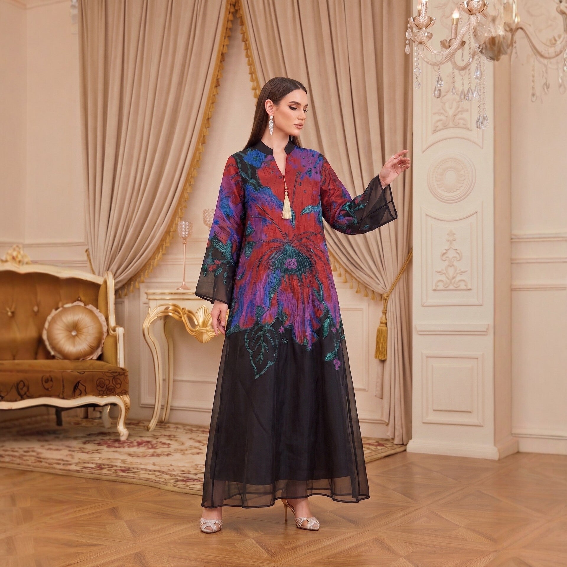 Multi-Color V-Neck Jacquard Lined Evening Maxi Abaya Dress
