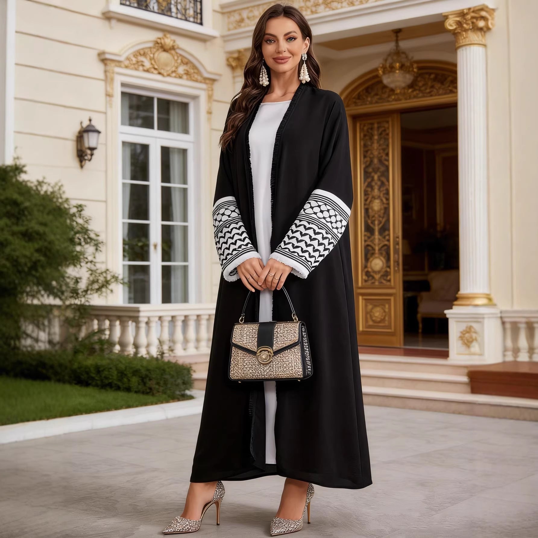 Elegant Embroidered Pocket Open-Front Cardigan Belted Abaya Maxi Dress Muslim Women Modest Long Jalabiya Kaftan for Eid
