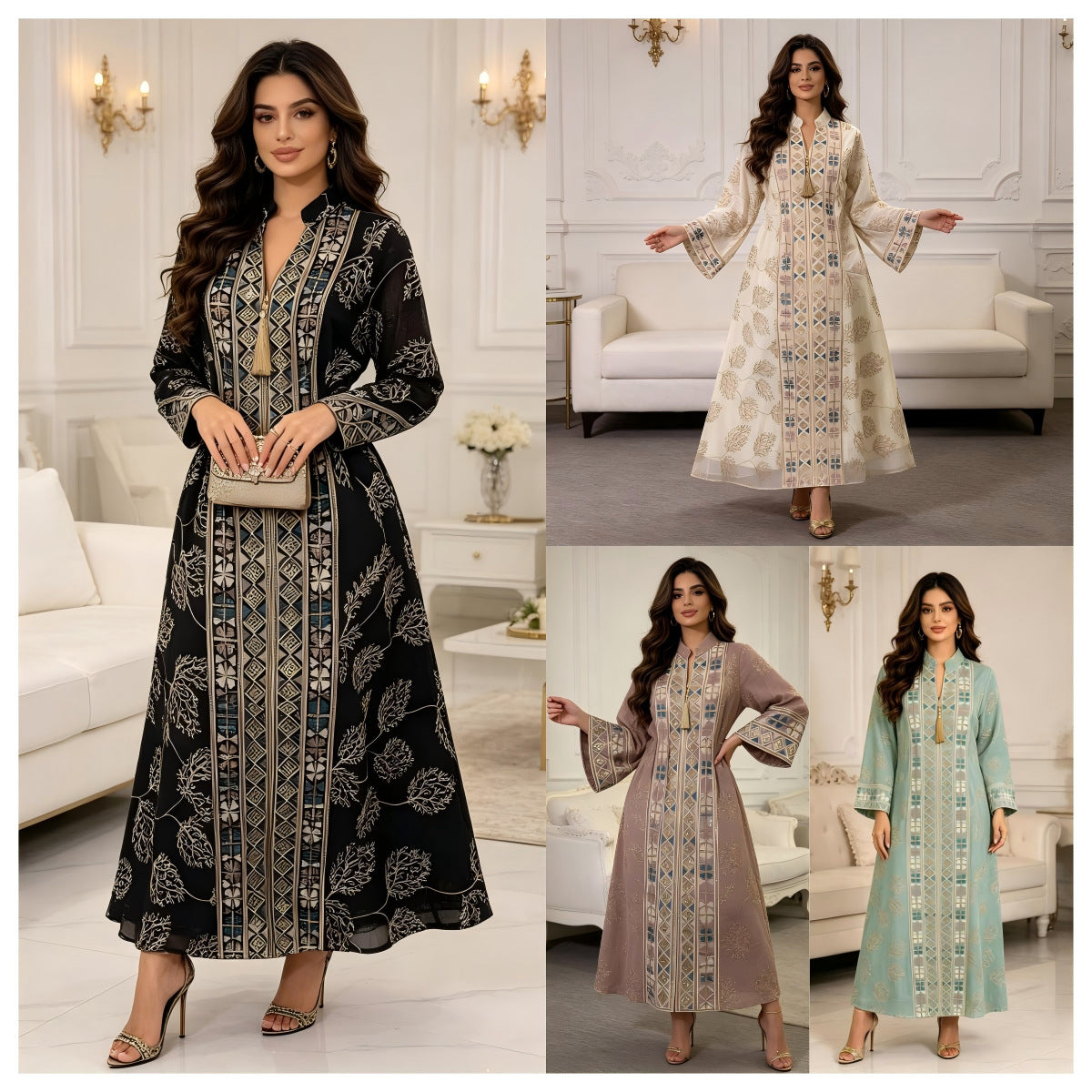 Black Cyan Ivory Peach V-Neck Heavy Embroidered Maxi Abaya Dress