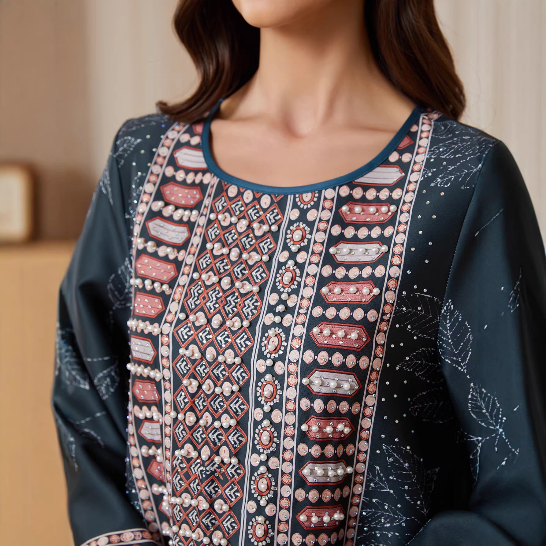 Women Round Neck Vertical Geometric Rhinestone Print Abaya Leaf Pattern Long Sleeve Maxi Jalabiya Dark Navy Matte Crepe Ethnic Modest Gown For Eid Mubarak Ramadan Wedding Evening Party