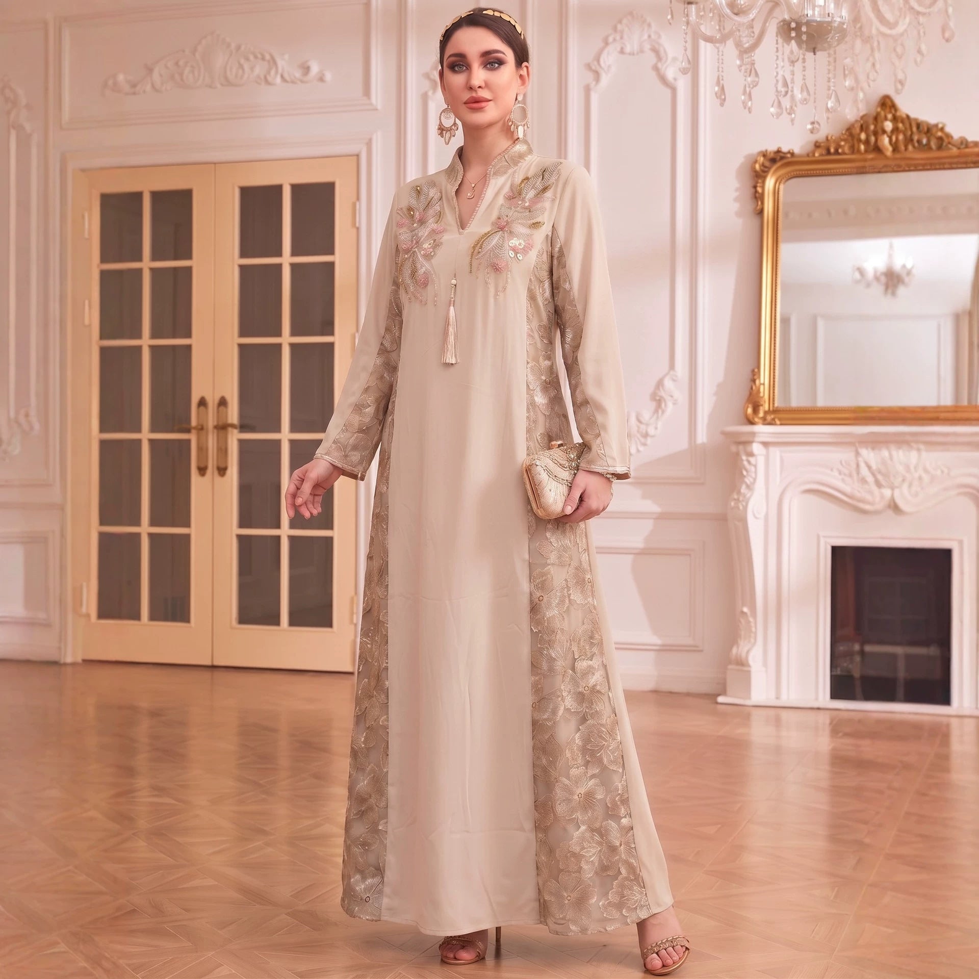 Ivory Pink Light Blue V-Neck Beaded Embroidered Evening Maxi Abaya