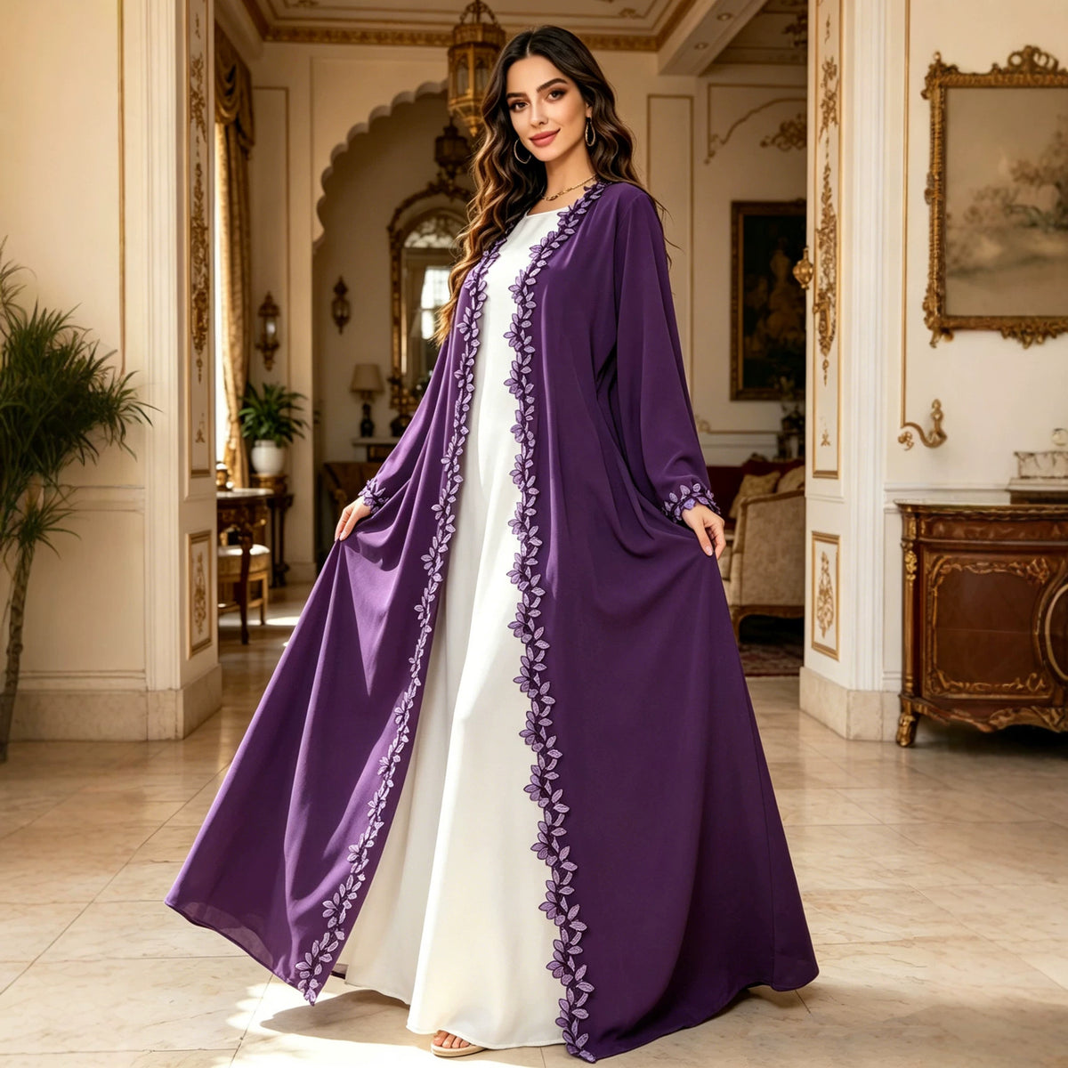 Delicate Lace Trim Embroidered Open Front Abaya Cardigan Modest Long Maxi Gown for Muslim Women Festive Banquet Party - 216