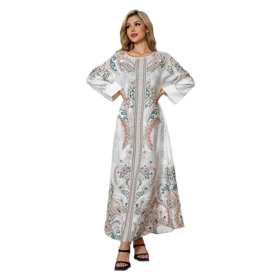 White Floral Print Mandarin Collar Rhinestone Plus Size Maxi Abaya Dress