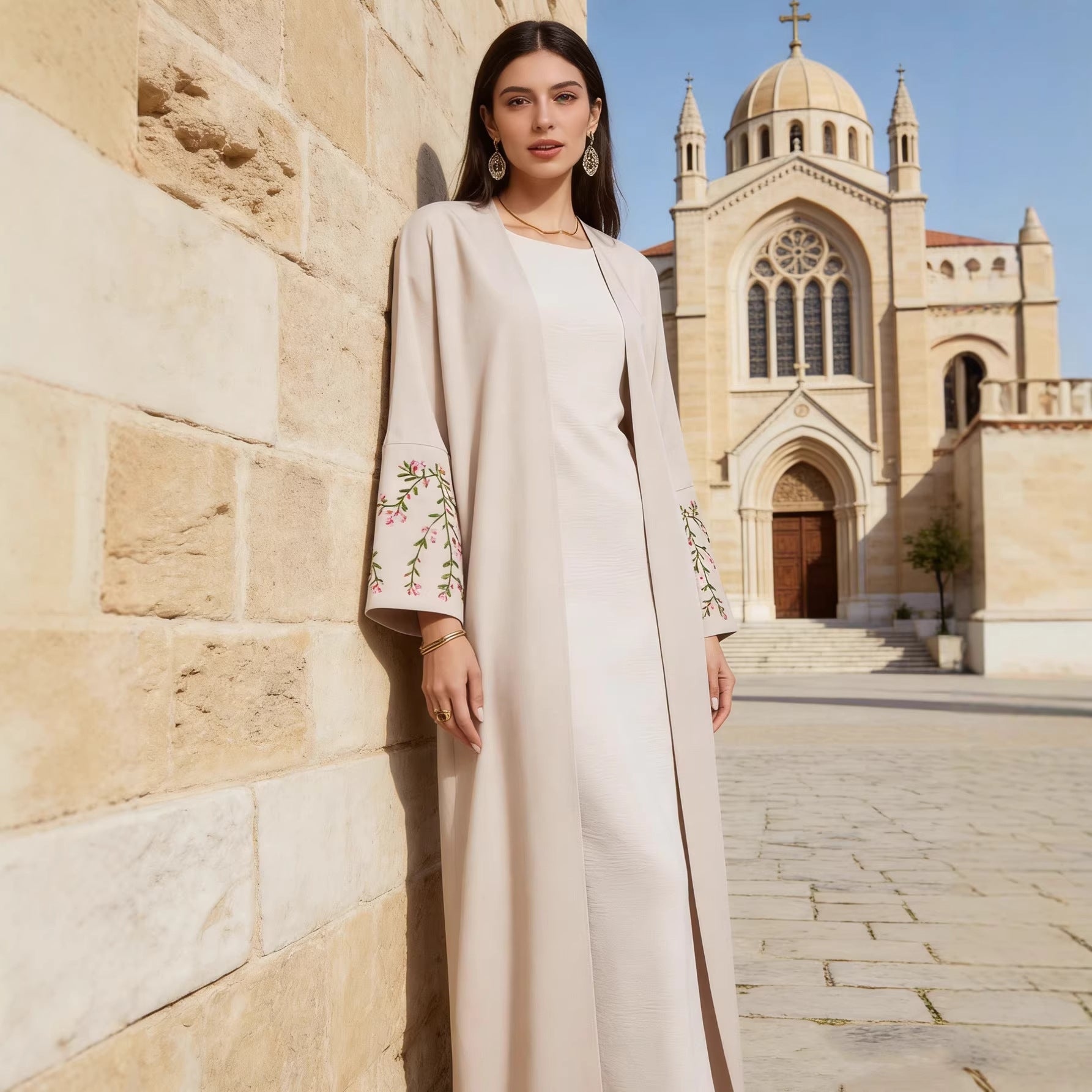 Light Blue and Beige Embroidered Open Cardigan Maxi Abaya Dress Jalabiya Modest Long Dress for Muslim Women Eid Ramadan Daily Wear S-XXL