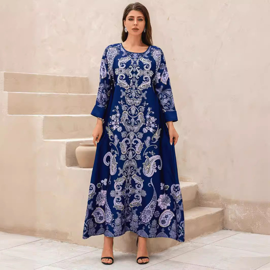 Navy Rhinestone Party Abaya - Printed Evening Robe Plus Size
