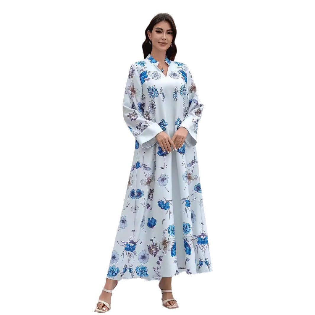Light Blue Rhinestone Mandarin Collar Embroidered Maxi Abaya Dress
