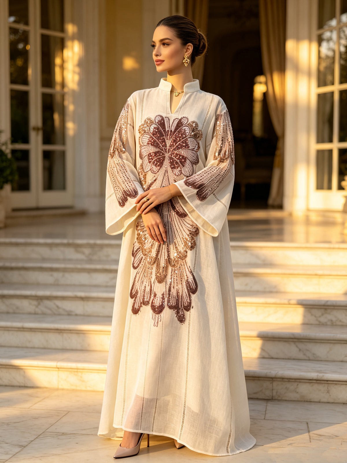 Pink Navy Apricot 2026 Sequin Applique Embroidered Long Gown Banquet Maxi Dress Modest Muslim Jalabiya