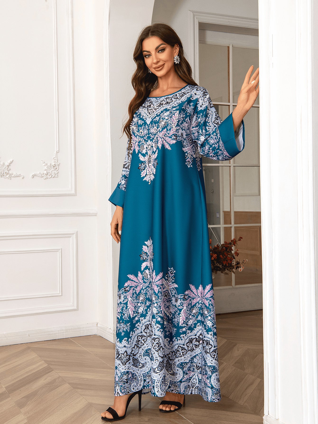 Peacock Blue Rhinestone Pleated Abaya - Elegant Modest Muslim Dress