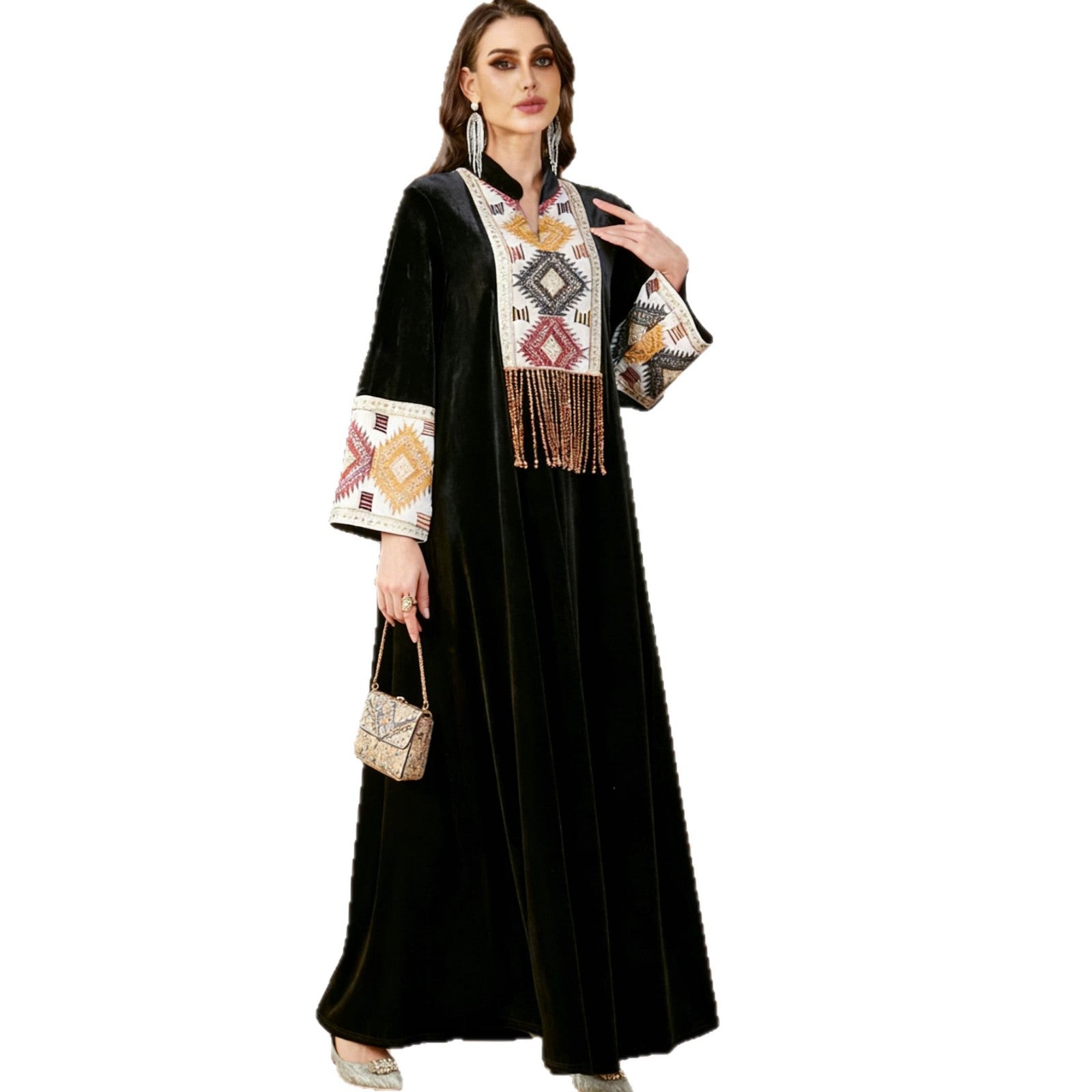 V-Neck Velvet Heavy Embroidered Maxi Dress Muslim Women Jalabiya Modest Long Gown Abaya Kaftan for Eid Ramadan Wedding