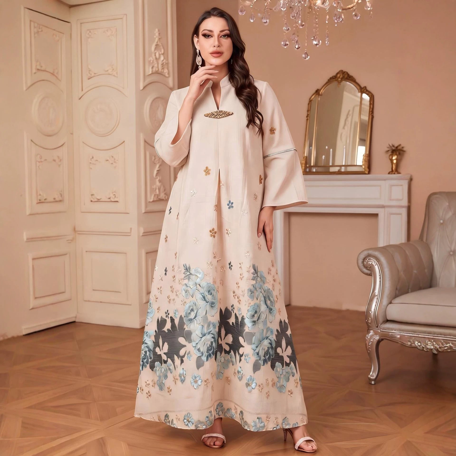 Camel Blue Light Blue V-Neck Rhinestone Embroidered Evening Abaya Dress