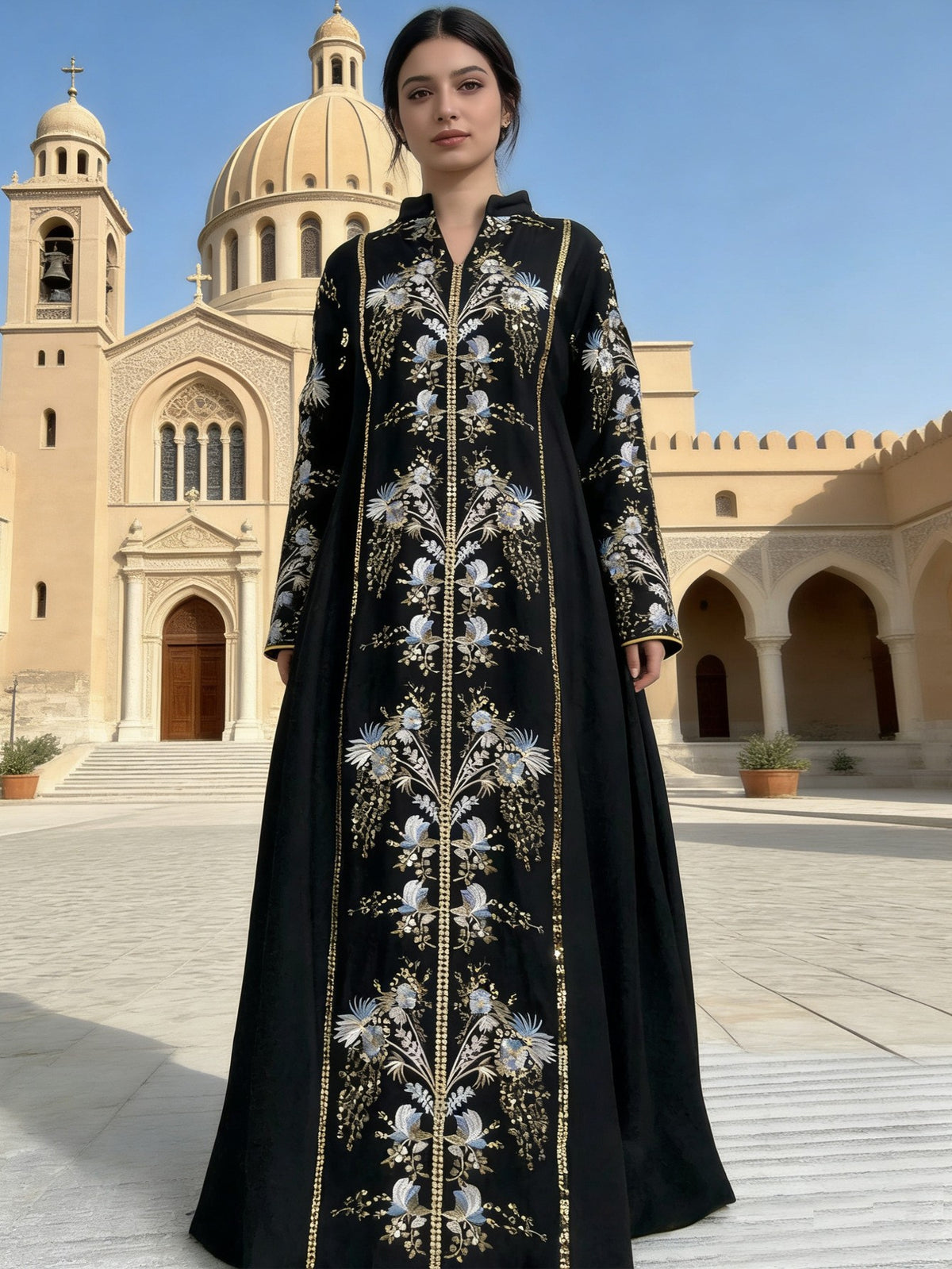 Vintage V-Neck Floral Embroidered Rayon Abaya Maxi Kaftan Dress for Muslim Women Elegant Ramadan Eid Celebration Gown - 251