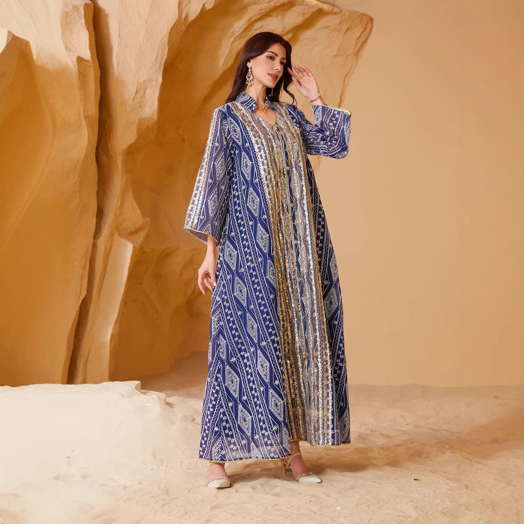 Graceful Two-Tone Sequin Beaded Maxi Abaya Gown Muslim Eid Ramadan