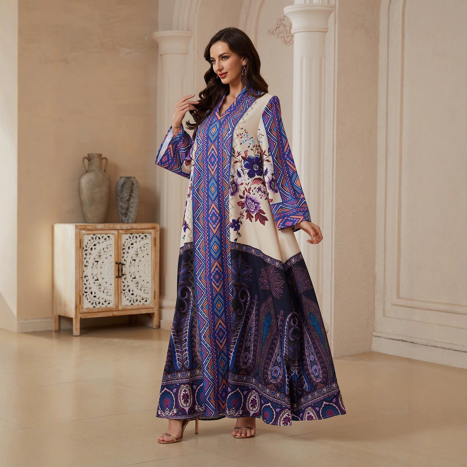 Purple Turkish Print Abaya - Plus Size Rhinestone Modest Robe