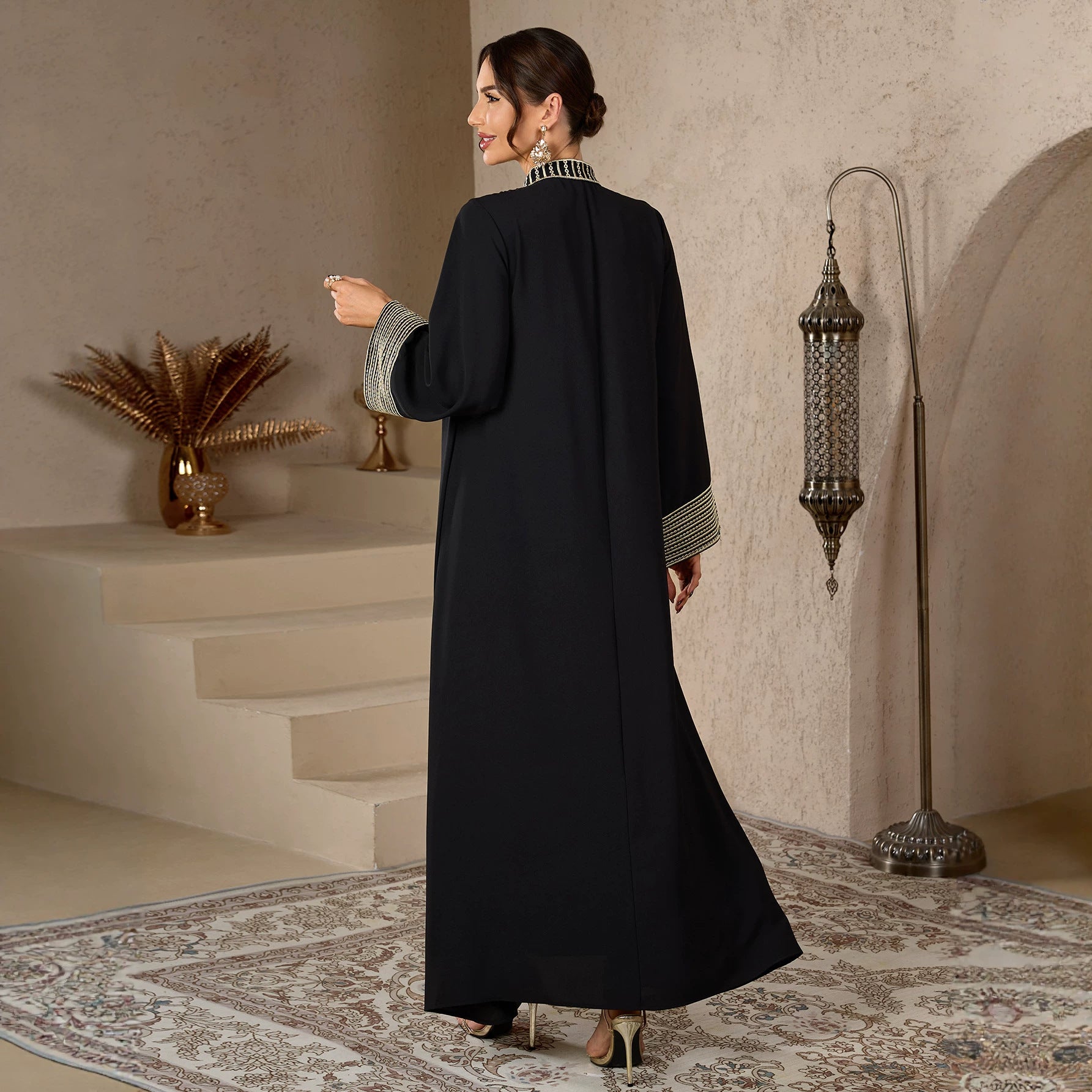 Wine Red and Black Embroidered Pullover V-Neck Maxi Abaya Dress