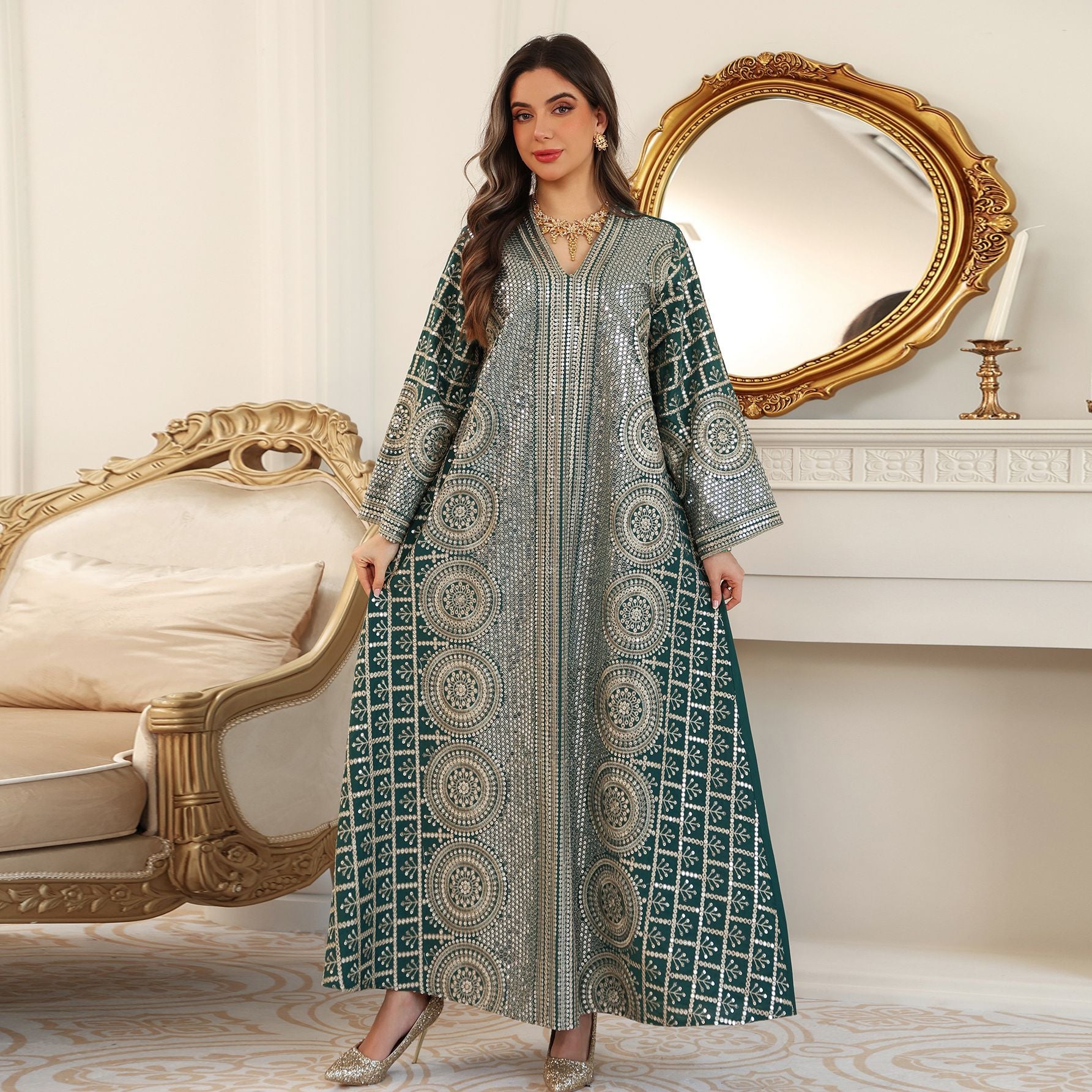 Elegant V Neck Muslim Formal Jalabiya Full Width Circular Sequin Embroidery Relaxed Wide Flare Sleeve Long Glitter Gown 3 Shades All Occasion Eid Holiday Wear