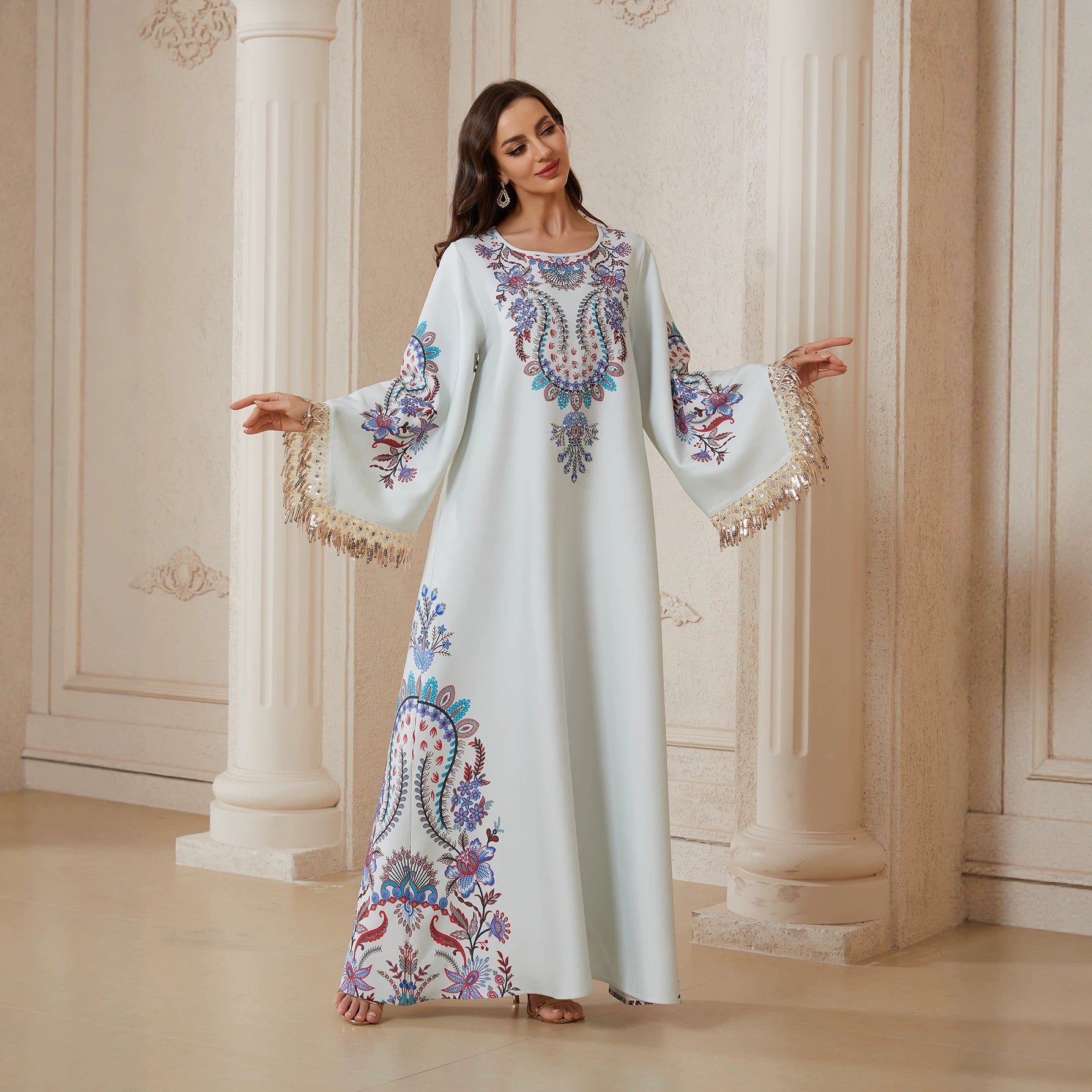 Women Round Neck Paisley Floral Embroidery Abaya Gold Sequin Fringe Wide Flare Sleeve Maxi Jalabiya White Crepe Ethnic Modest Gown For Eid Mubarak Ramadan Wedding Evening Party