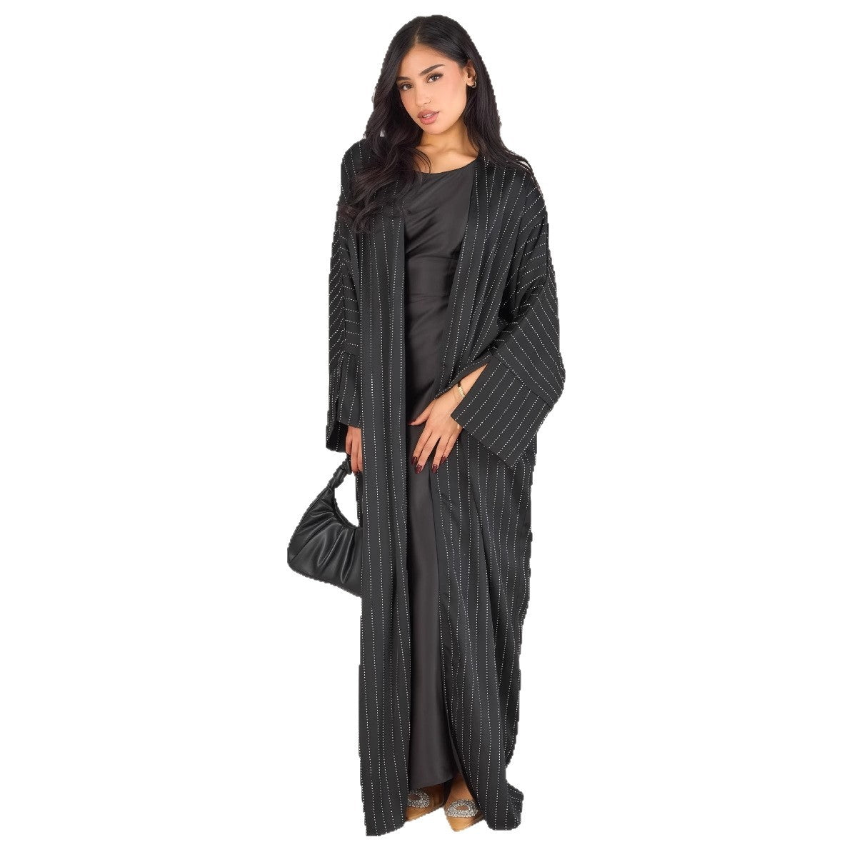 Luxury Rhinestone Striped Loose Open Front Abaya Cardigan Modest Long Maxi Cape Gown for Women Festive Banquet One Size
