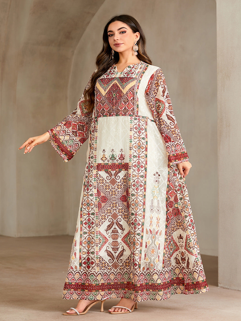 Vintage Ethnic Print Rhinestone Embellished Gown Jalabiya Modest Loose Long Maxi Dress for Muslim Women Eid Ramadan S-XXL