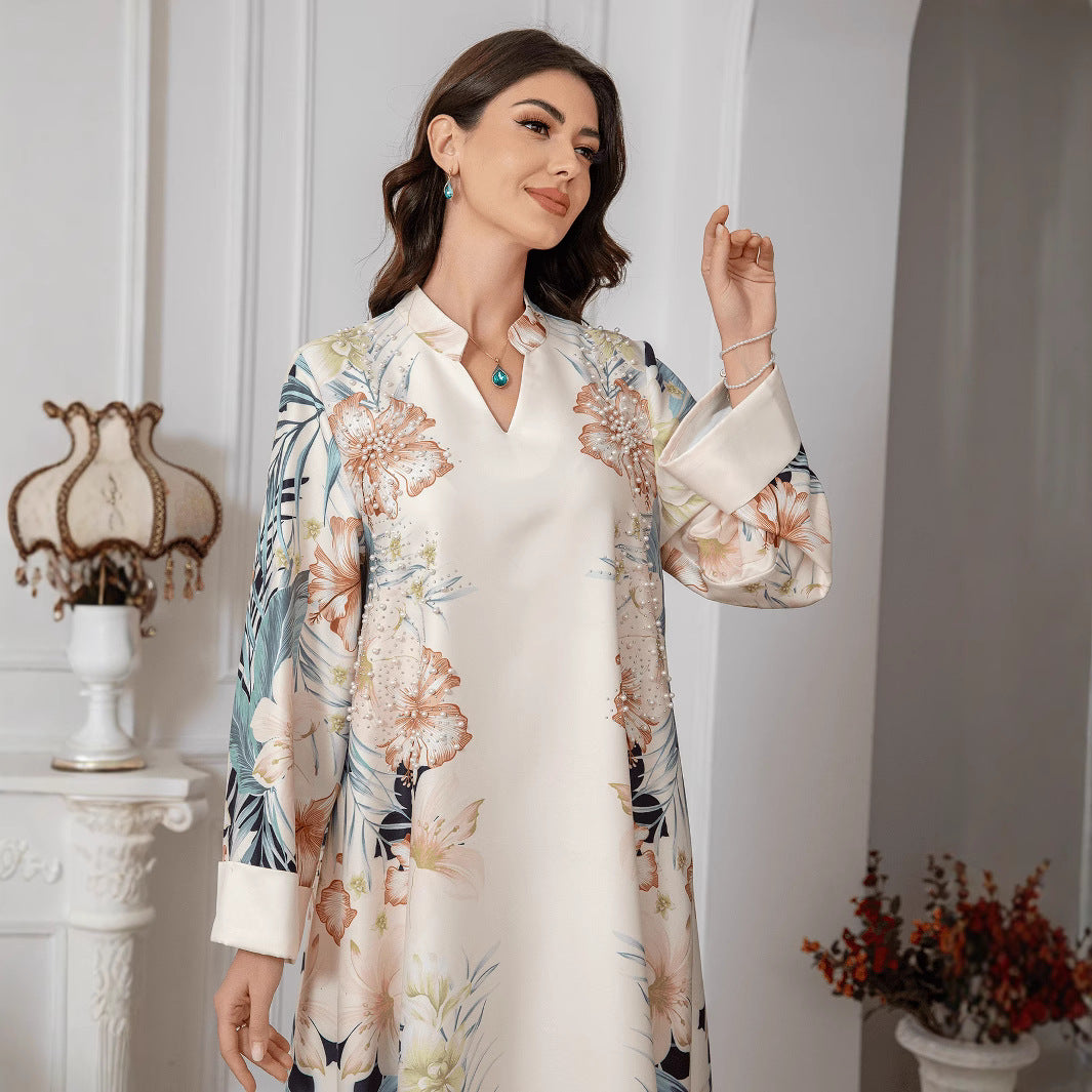 Apricot Purple Blue Printed Abaya - Plus Size African Long Robe