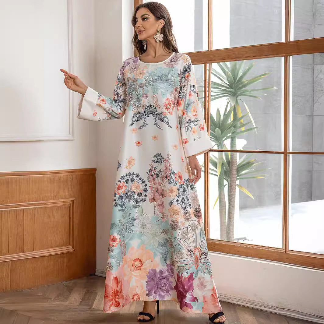 Stylish Floral Rhinestone Kaftan – Plus-Size Modest Muslim Dress