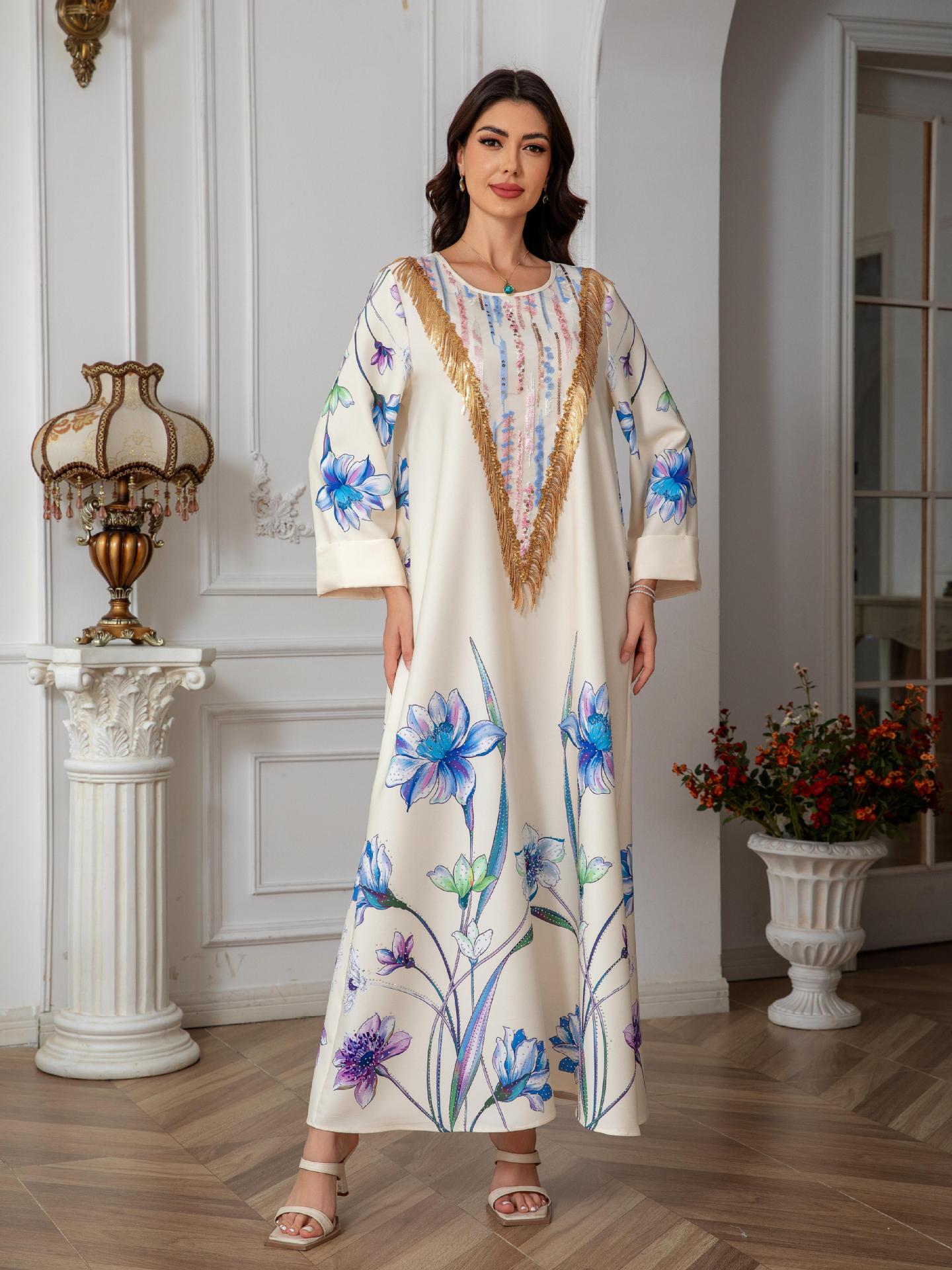 Ivory Printed Evening Abaya - Modest Party Dress Long Robe