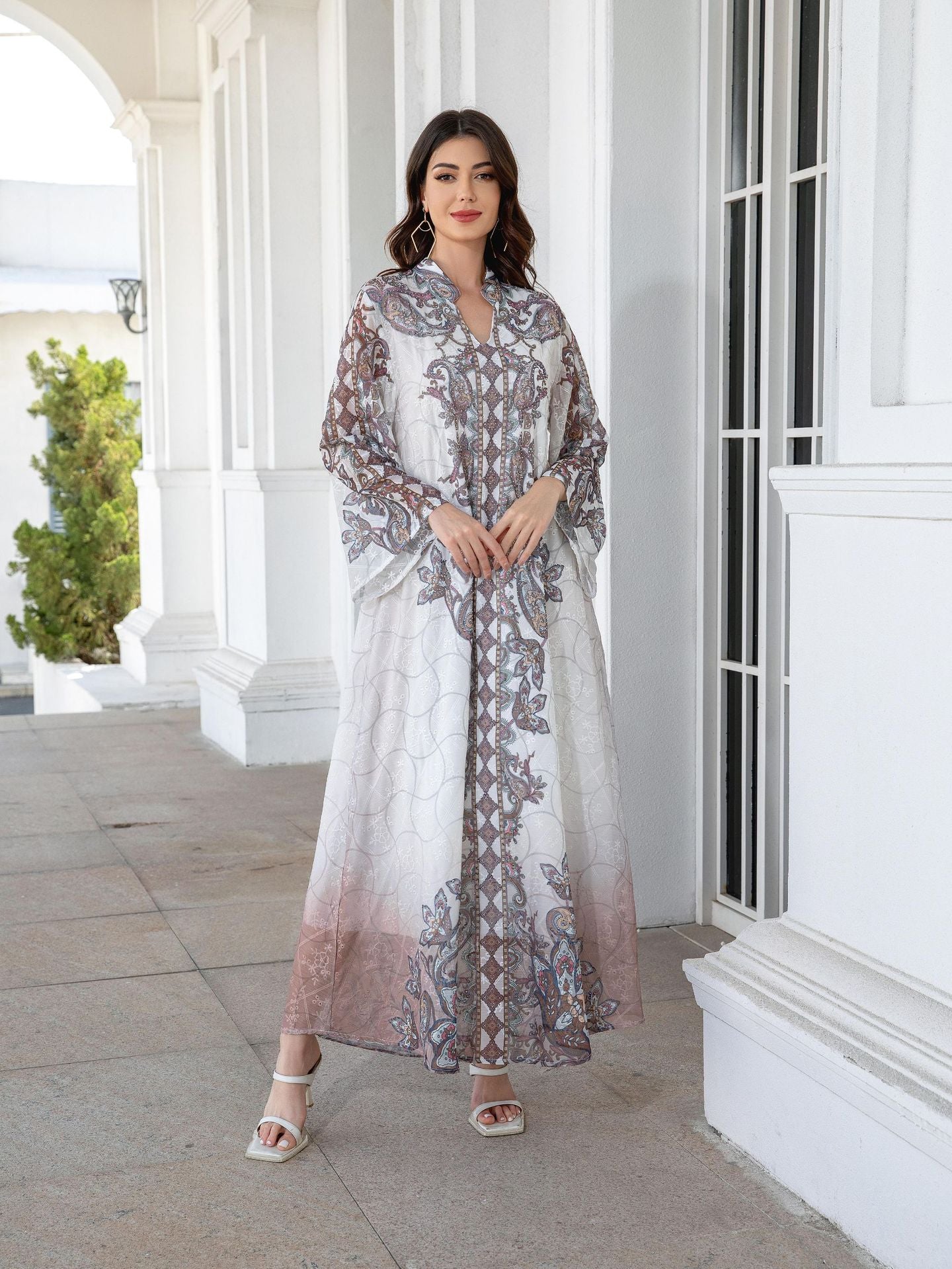 Lotus Pink Embroidered Printed Maxi Abaya - Rhinestone Trim Gown