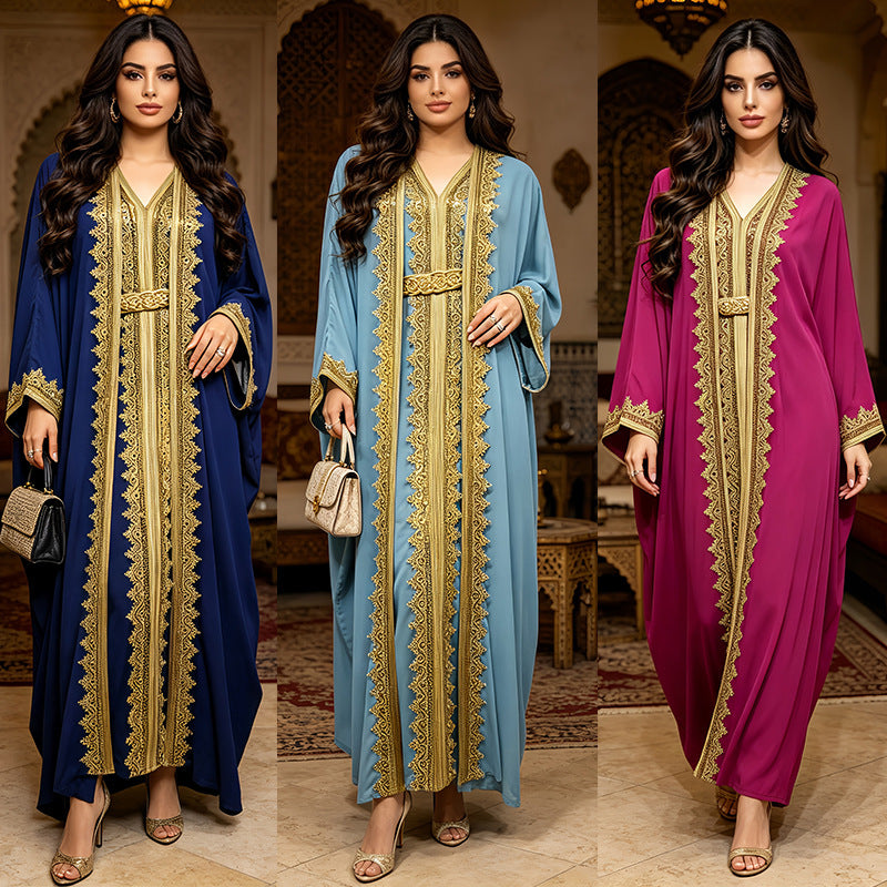 Sky Blue Navy and Rose Red Beaded Open Cardigan Maxi Dress Set with Vest