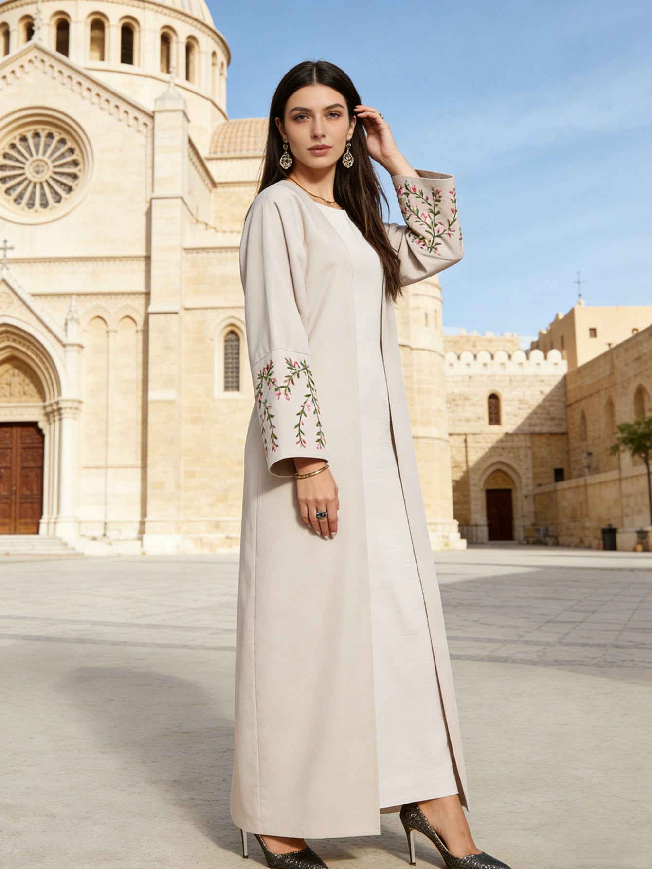 Light Blue and Beige Embroidered Open Cardigan Maxi Abaya Dress Jalabiya Modest Long Dress for Muslim Women Eid Ramadan Daily Wear S-XXL