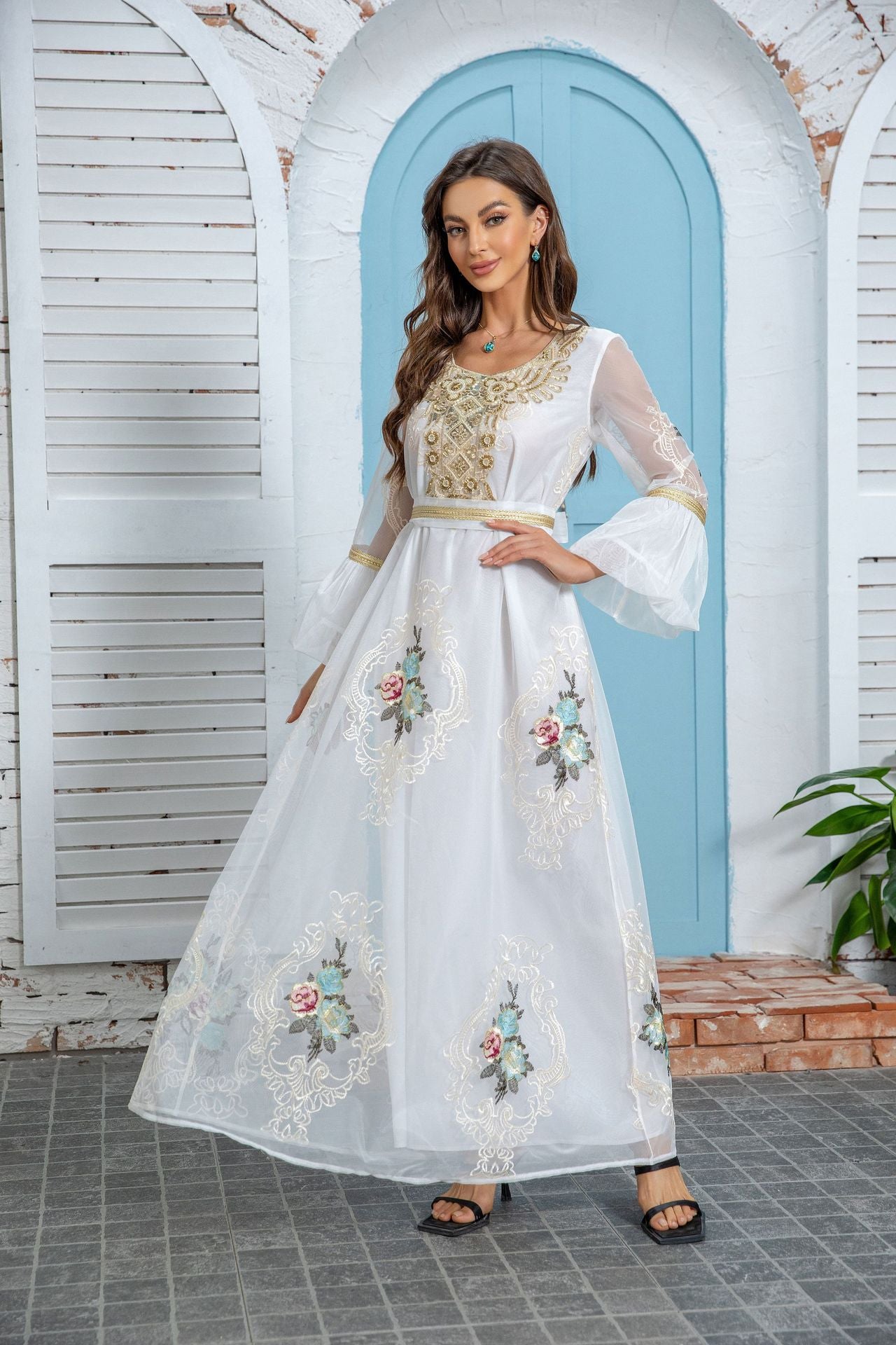 Radiant White Embroidered Abaya – Modest Evening Maxi Robe