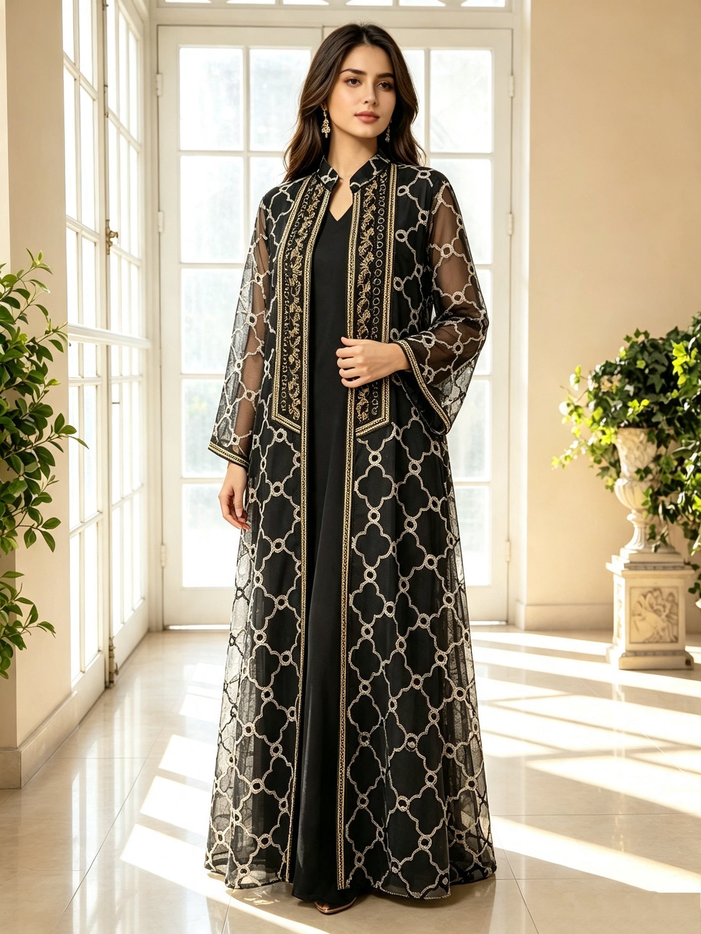 Grey and Black Heavy Embroidered Mesh Open Cardigan Two-Piece Maxi Set