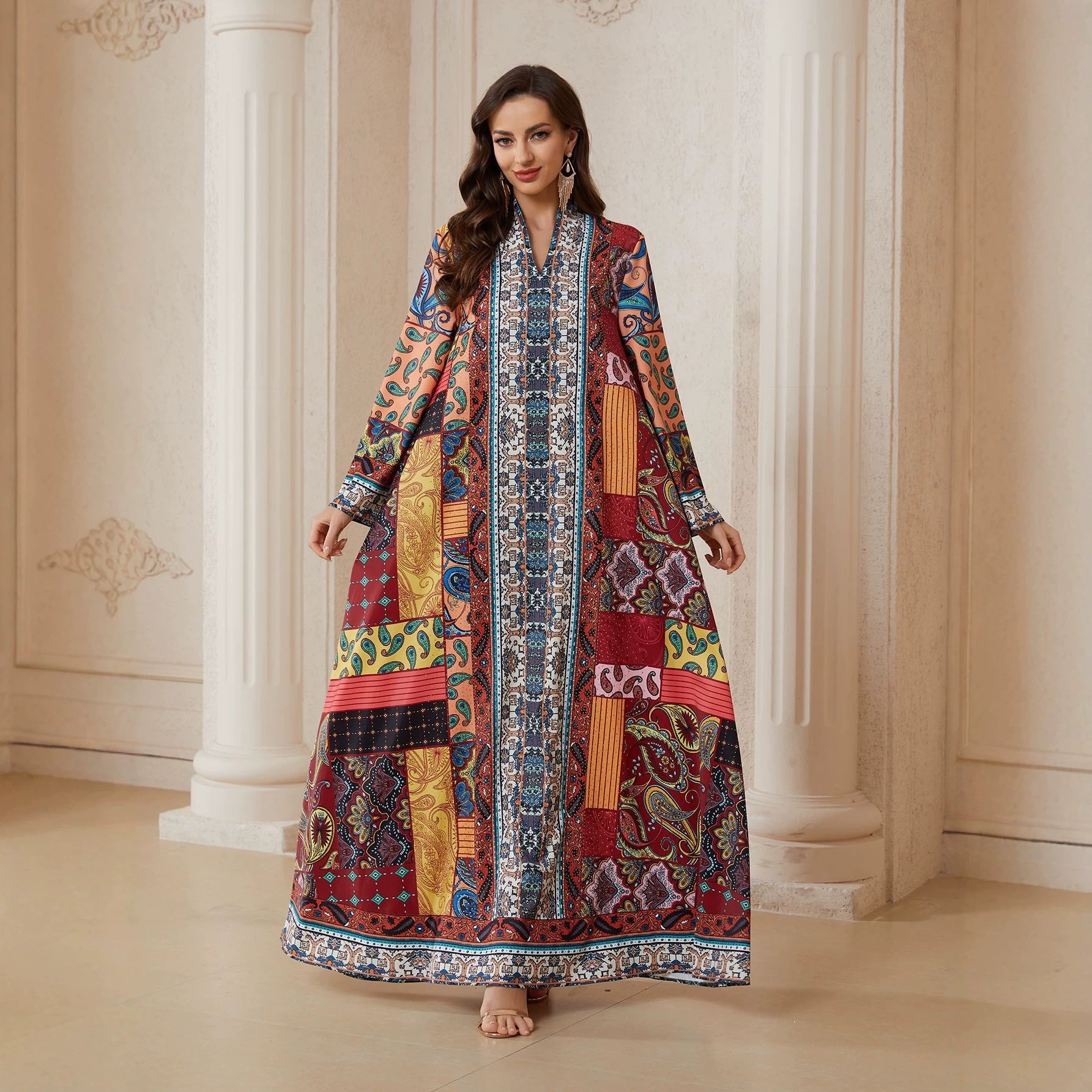 Floral Print Rhinestone Ethnic Abaya Robe - Modest Muslim Dress