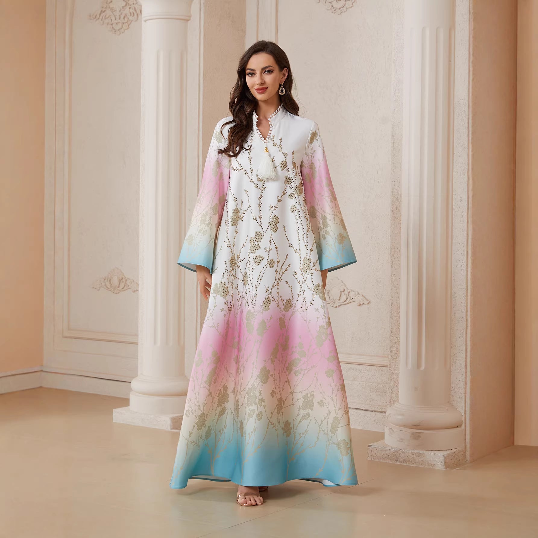 White Pink Blue Ombre Gradient Mandarin Stand Collar Pan-Arab Craft Modest Tunic Matte Satin Golden Rhinestone Branch Floral Print Pearl Neck Tassel Closure Wide Bell Floor Maxi Robe | Pan-Arab Malay Ladies Luxury Soft Modest Outfit For Wedding Cerem