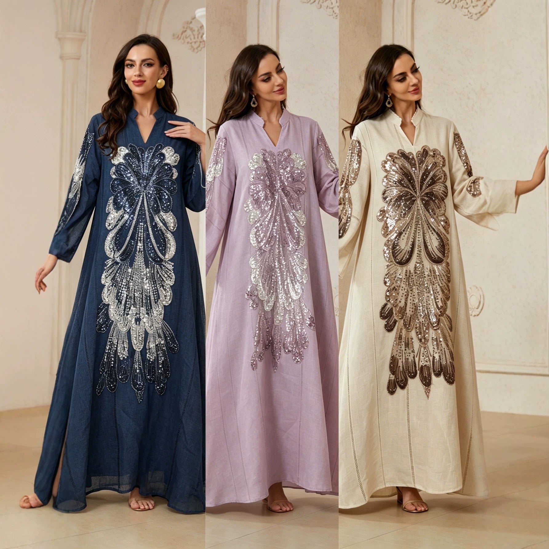 Peacock Feather Sequin Beaded Linen Abaya For Women Stand Split Collar Long Sleeve Dubai Luxury Muslim Kaftan Modest Maxi Dress For Eid Ramadan Wedding Party 3 Colors