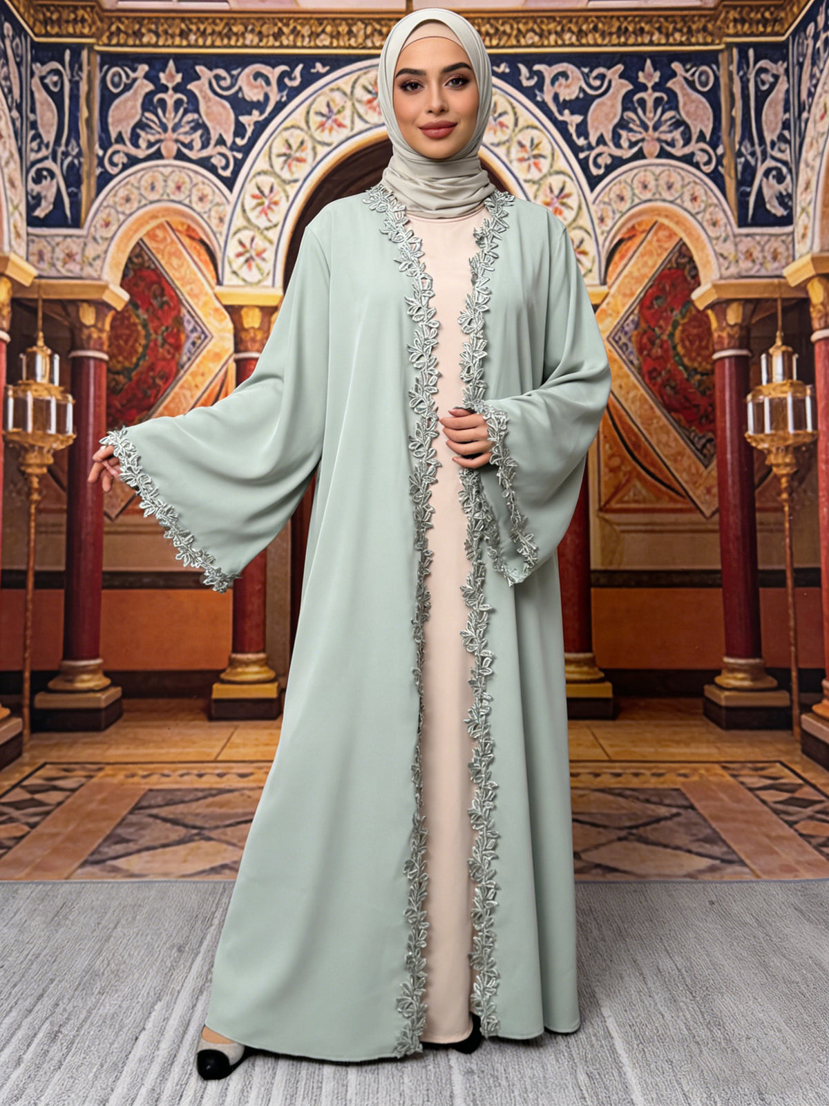 Delicate Lace Trim Embroidered Open Front Abaya Cardigan Modest Long Maxi Gown for Muslim Women Festive Banquet Party - 216