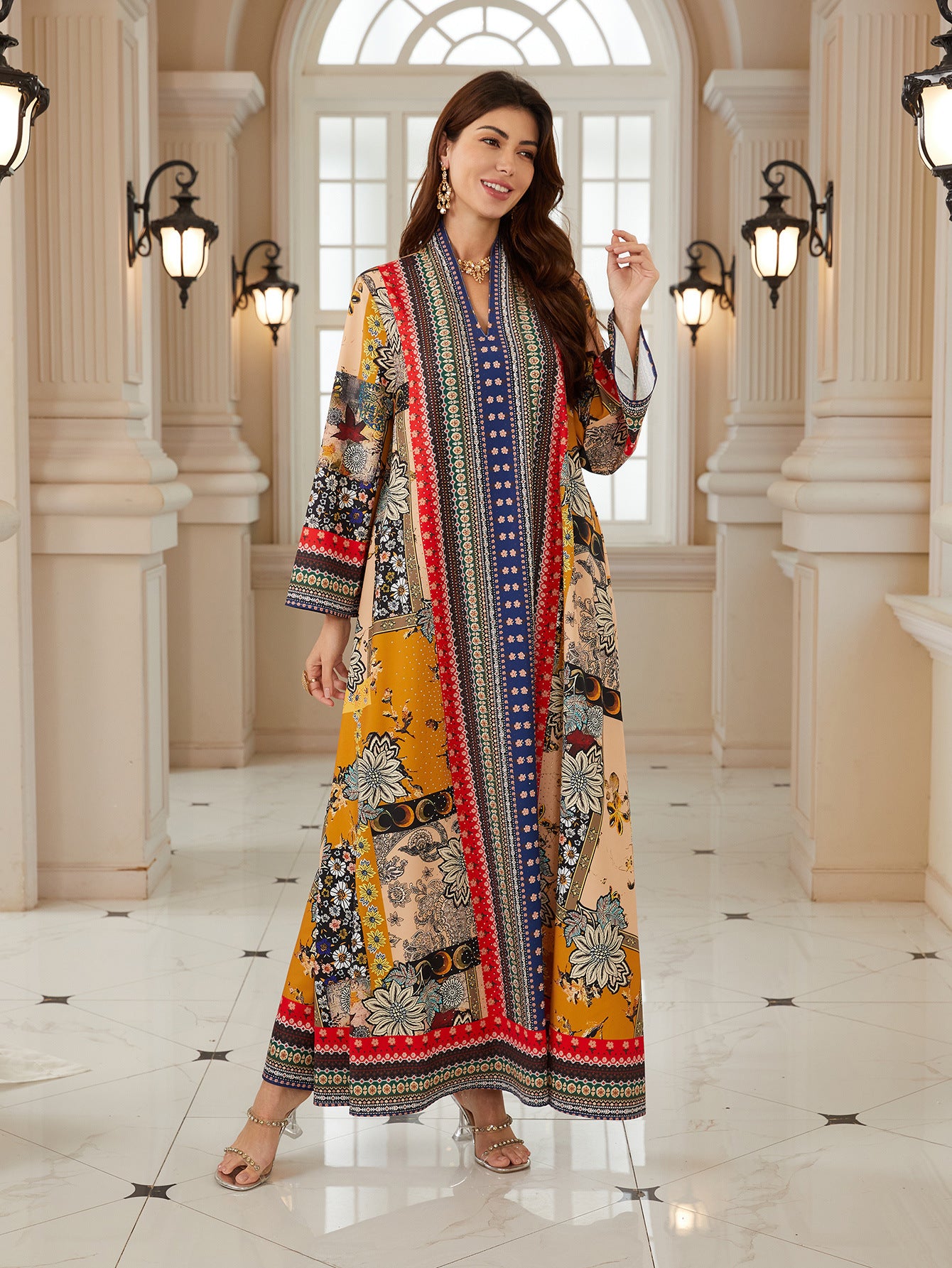 Charming Floral Jalabiya – V-Neck Long-Sleeve Modest Dress
