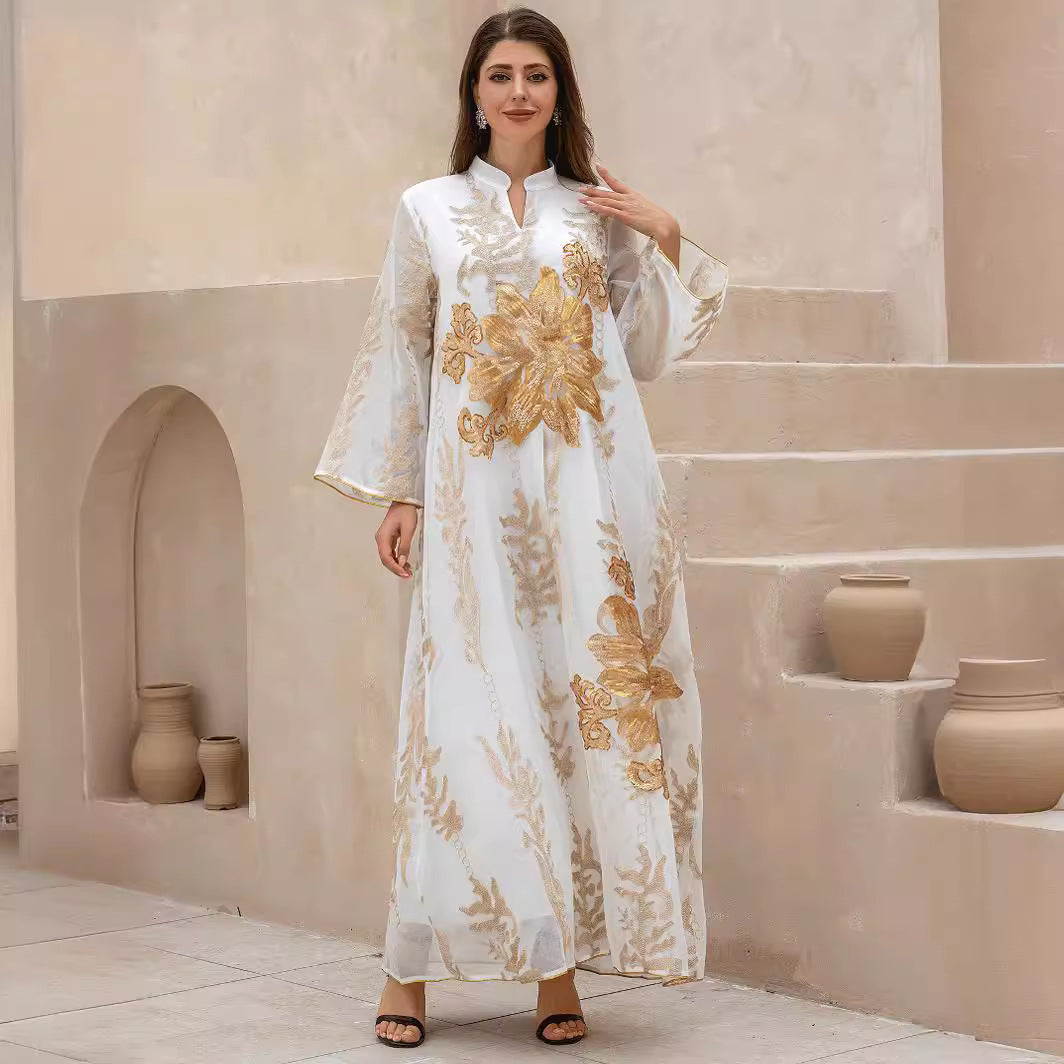 Elegant Gold Floral Embroidered Abaya Women White Stand Collar Flared Sleeve Loose Maxi Kaftan Popular Middle East Modest Outfit