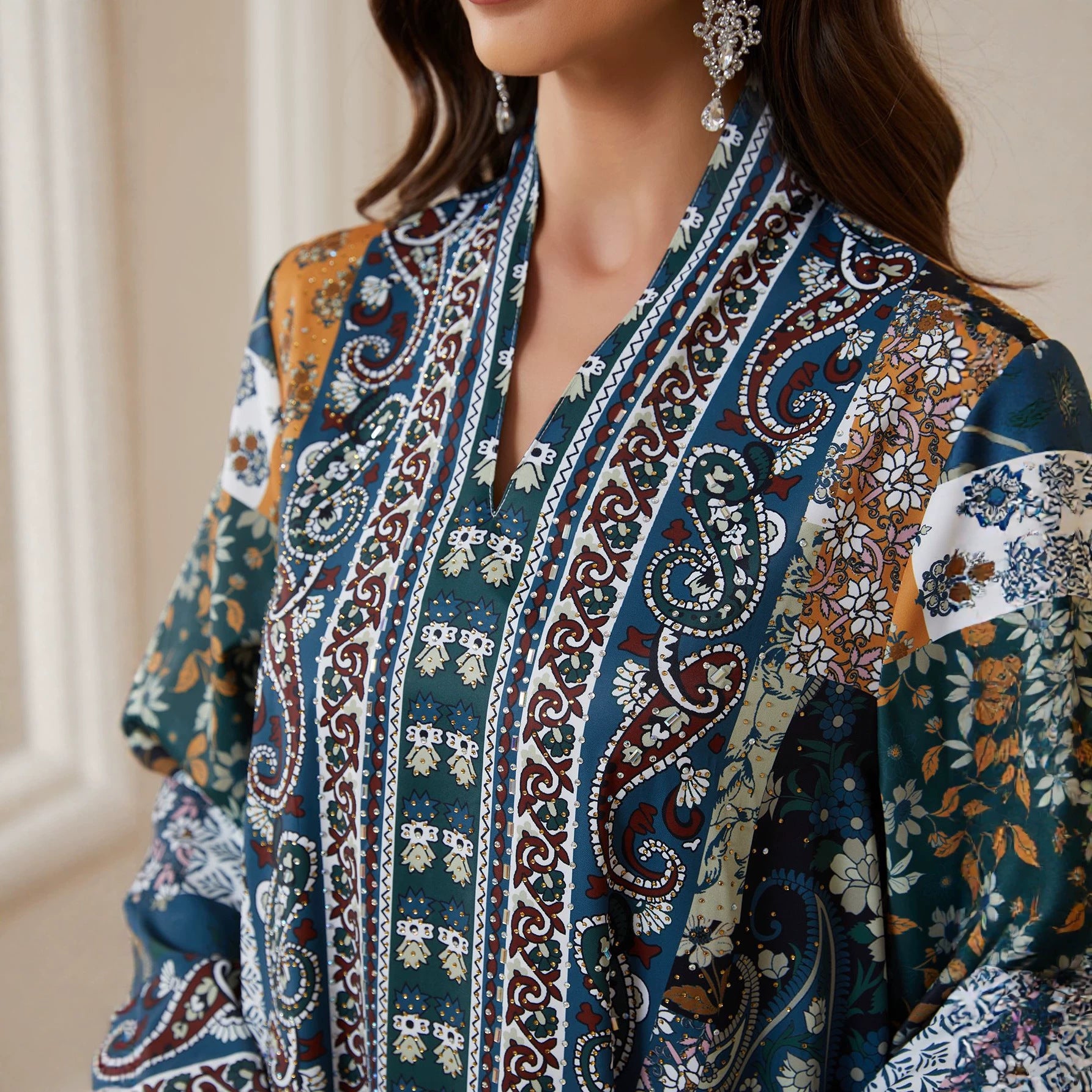 Floral Rhinestone Printed Jalabiya - Casual Modest Long Dress