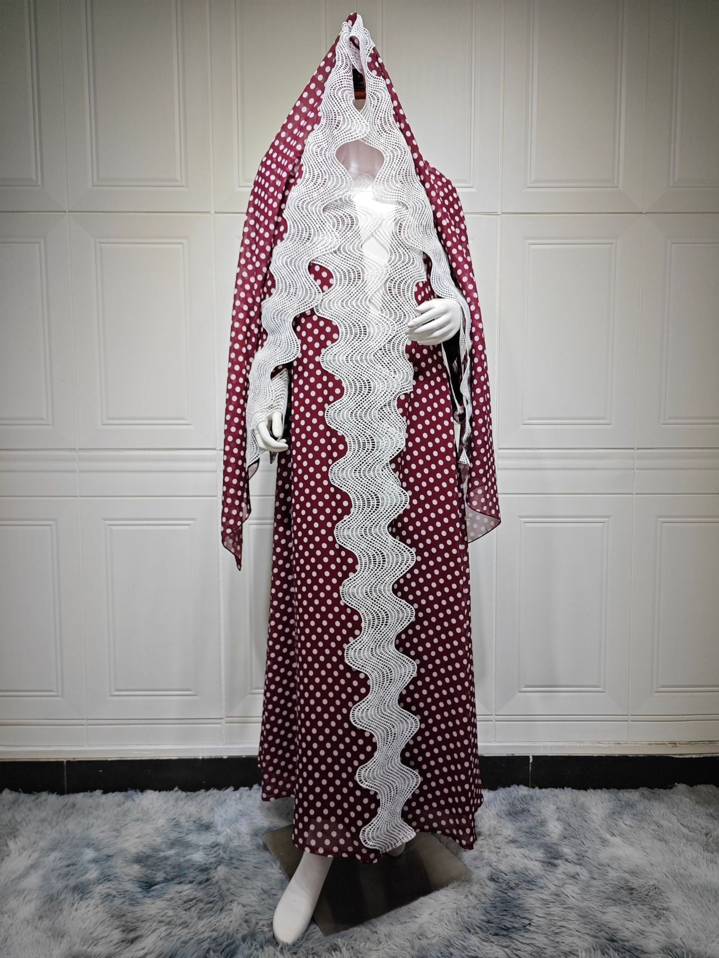 Red Polka Dot Chiffon Floral Print Ruffle Hem Abaya with Hijab Two-Piece Set