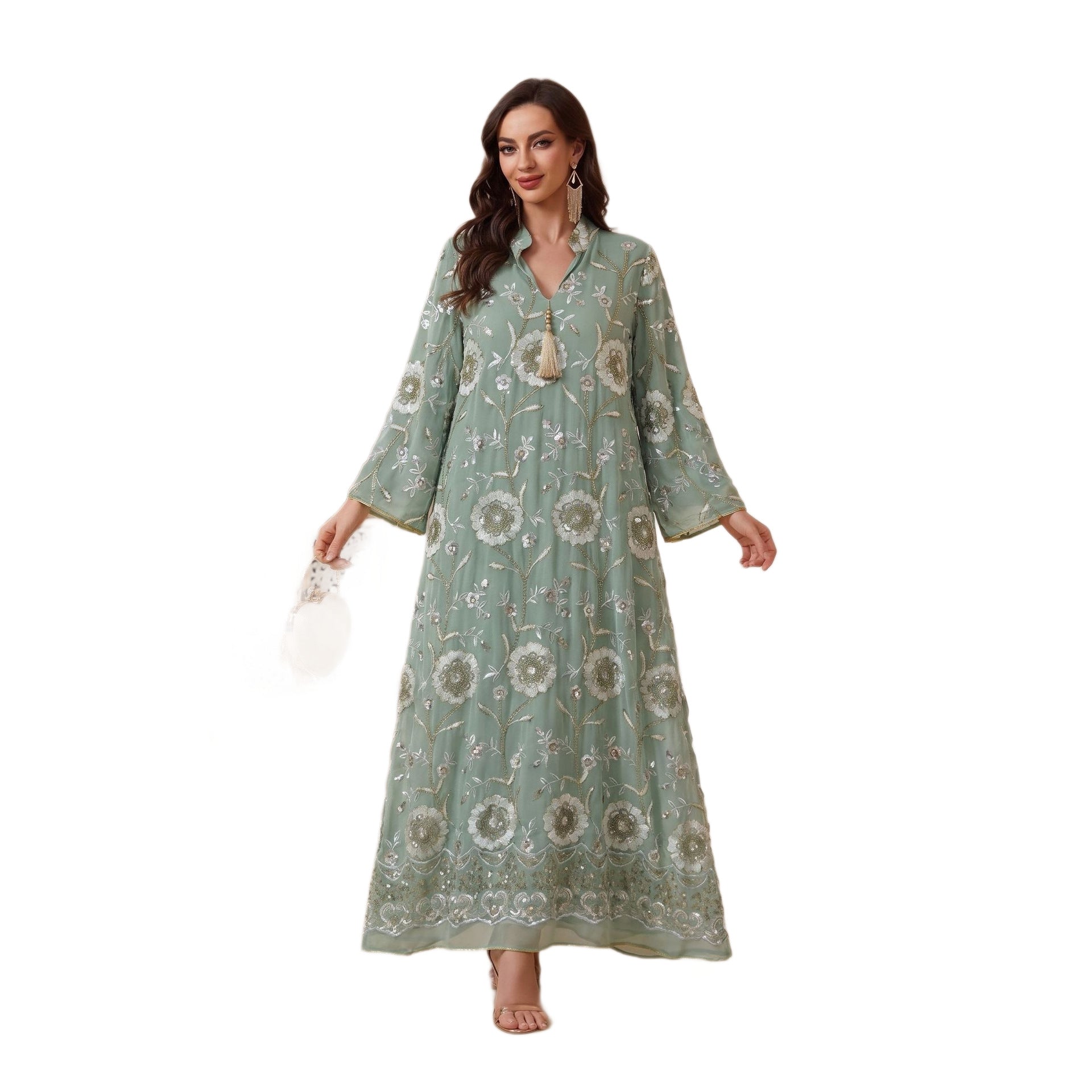 Ivory Wine Light Blue Light Green V-Neck Embroidered Maxi Abaya