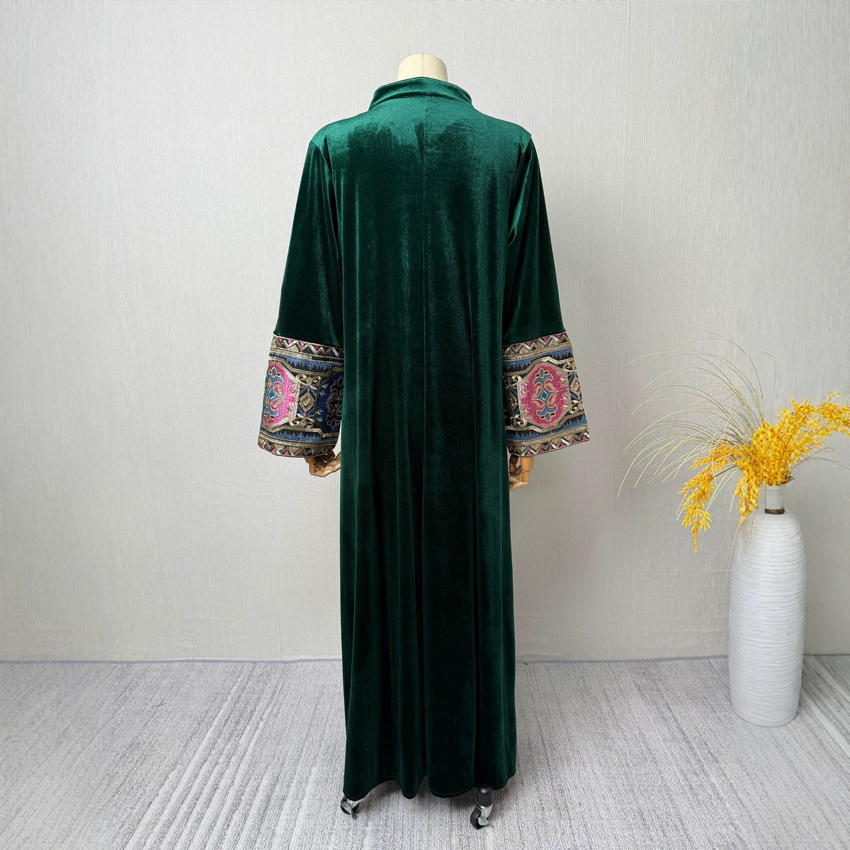 Wine Red Dark Green Black Velvet Embroidered Stand Collar Long Sleeve Gown Maxi Dress Modest Muslim Banquet