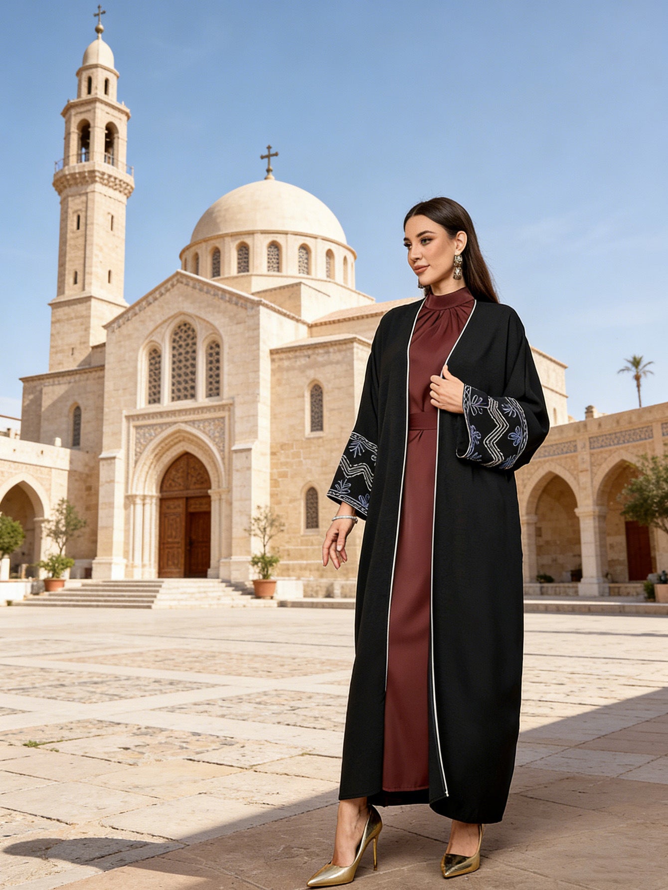 Black Embroidered Open Cardigan Modest Maxi Abaya - Free Size