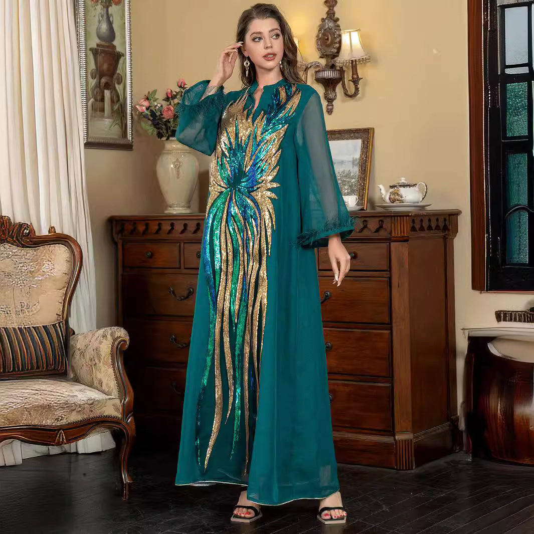 Dark Green Heavy Peacock Feather Sequin Embroidery Abaya Tulle Fringe Sleeve Dubai Modest Muslim Evening Maxi Gown