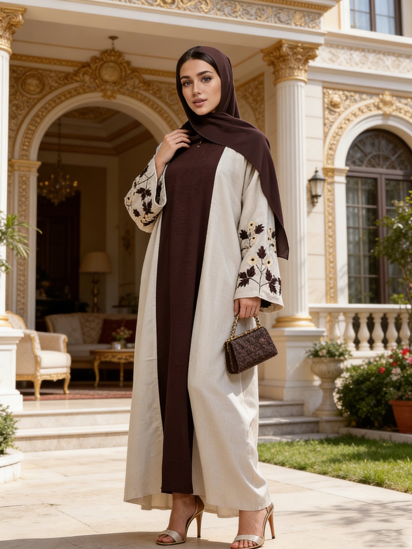 Beige Maple Leaf Embroidered Linen Cardigan Open Front One Size Abaya Modest Long Maxi Dress for Muslim Women Eid Ramadan